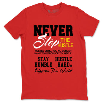 Never Stop The Hustle sneaker match t-shirt styled to complete your fit with the Air Jordan 14 Challenge Red sneakers, graphic shirts in Red 2.