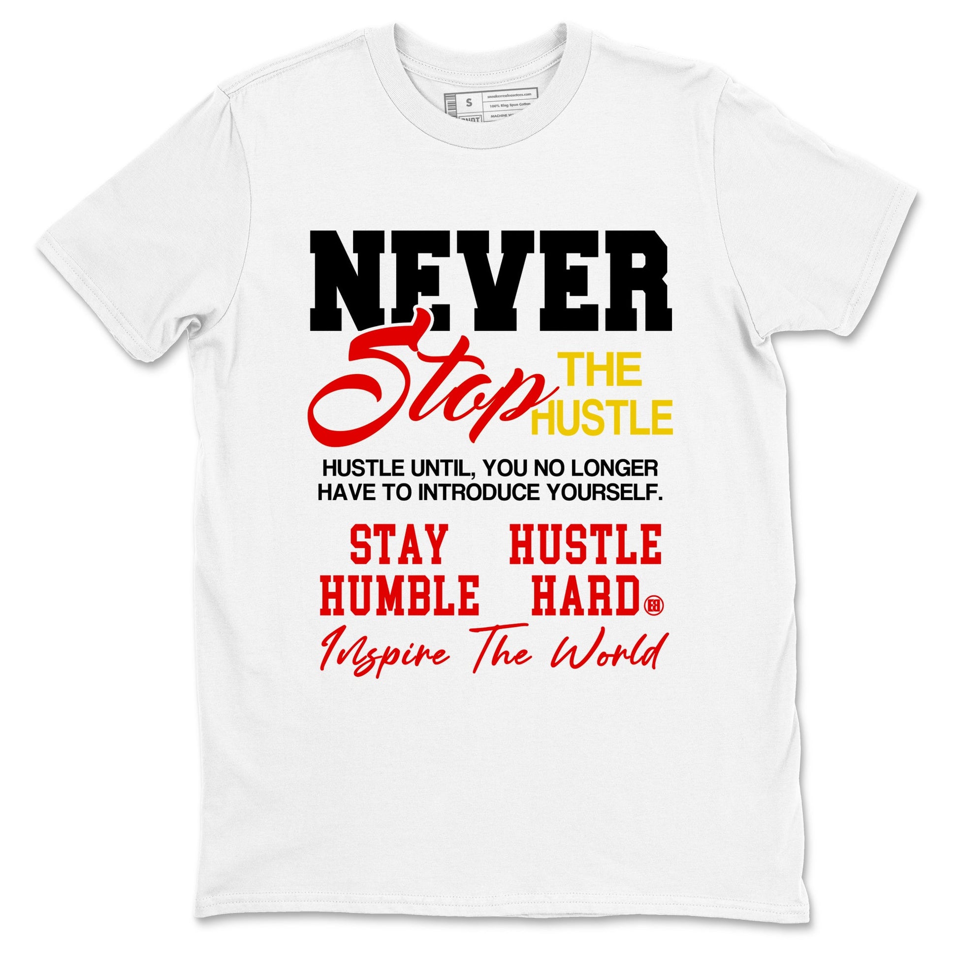 Never Stop The Hustle sneaker match t-shirt styled to complete your fit with the Air Jordan 14 Challenge Red sneakers, graphic shirts in White 1.