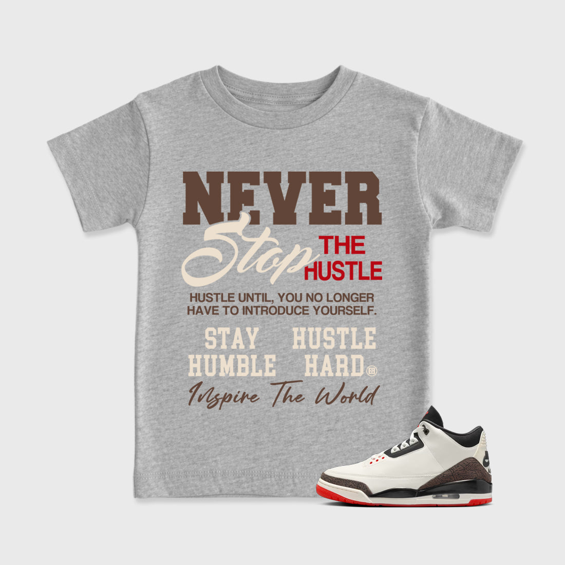 Sneakerfit Streetwear outfit, Sneaker Tees To Match Air Jordan 3 World's Best Dad – Never Stop the Hustle Graphic Kids Tee Heather Grey 1