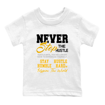 Never Stop The Hustle baby and kids t-shirt crafted for little sneakerheads to shine with the Air Jordan 5 Tokyo sneakers, displayed in White 2.