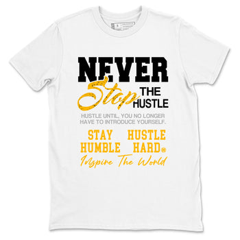 Never Stop The Hustle sneaker match t-shirt styled to complete your fit with the Air Jordan 5 Tokyo sneakers, shown in White 2.