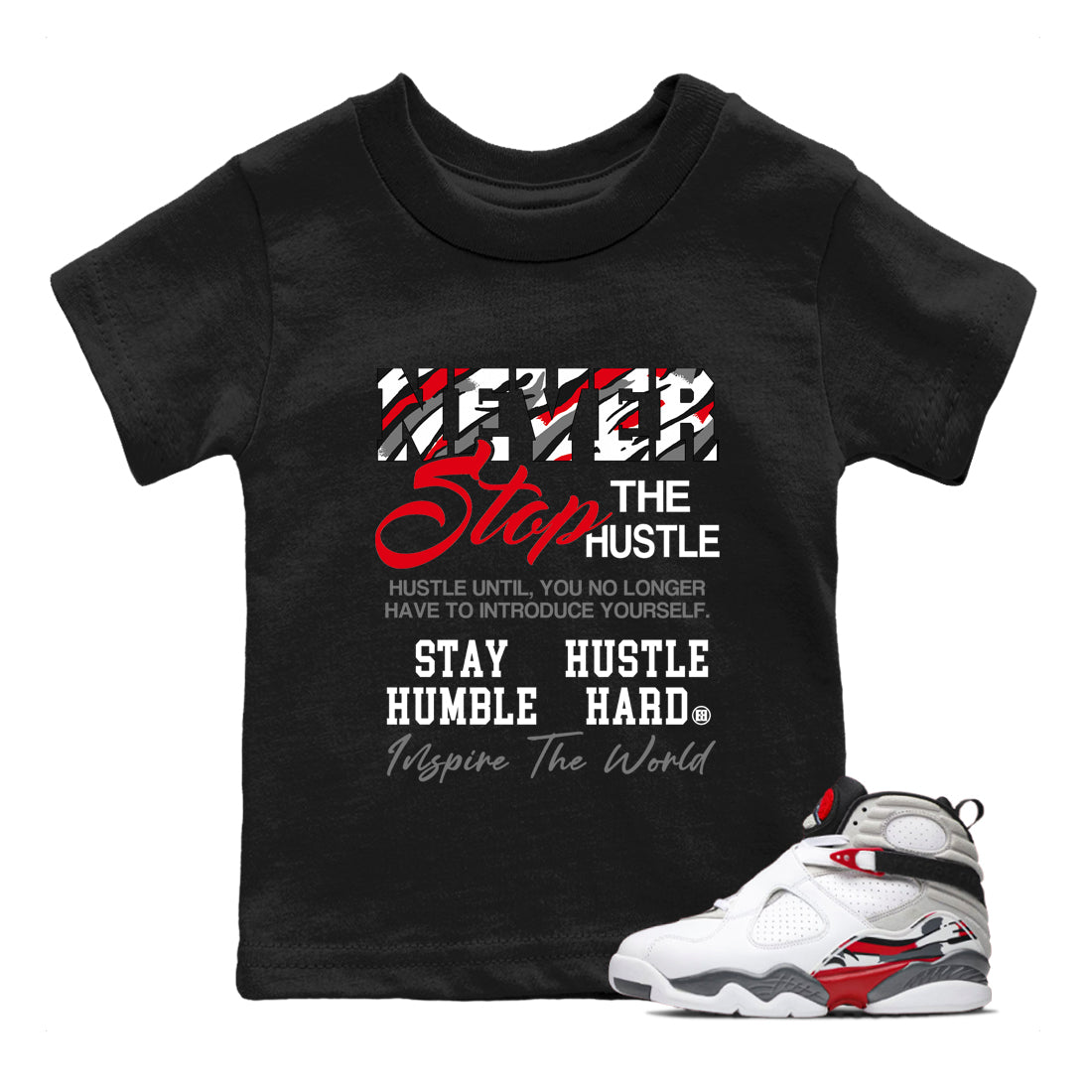 Sneaker Threads – Sneaker Tees To Match Air Jordan 8 Bunny – Never Stop The Hustle Youth Graphic Tee Black 1. Perfect for Jordan releases 2025 colorways.