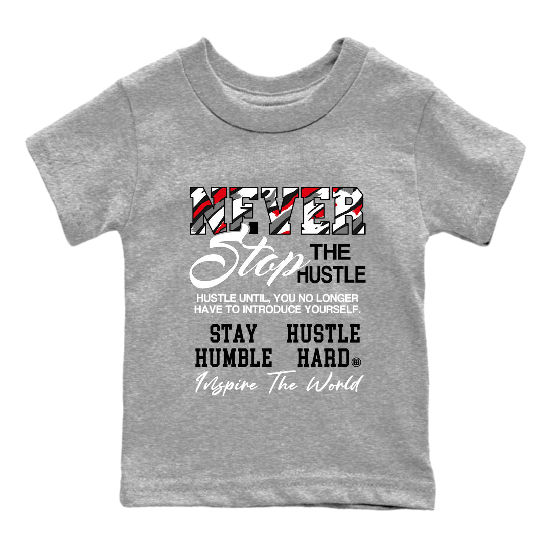 Sneaker Threads – Sneaker Tees To Match Air Jordan 8 Bunny – Never Stop The Hustle Youth Graphic Tee Heather Grey 2. Perfect for Jordan releases 2025 colorways.