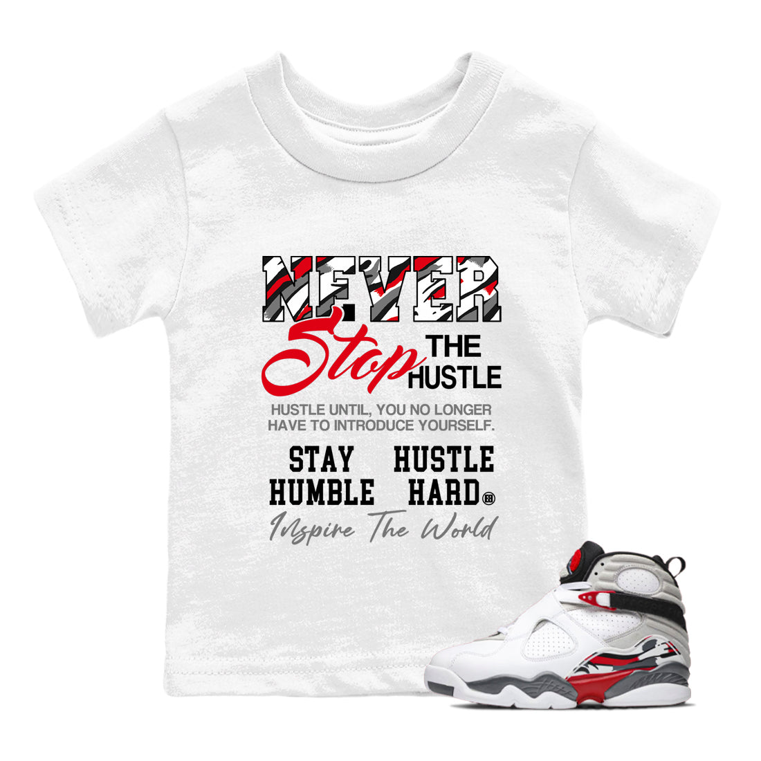 Sneaker Threads – Sneaker Tees To Match Air Jordan 8 Bunny – Never Stop The Hustle Youth Graphic Tee White 1. Perfect for Jordan releases 2025 colorways.