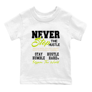 Never Stop The Hustle baby and kids t-shirt crafted for little sneakerheads to shine with the Jordan Jumpman Jack Travis Scott Bright Cactus sneakers, displayed in White 2.