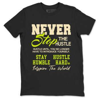 Never Stop The Hustle sneaker match t-shirt styled to complete your fit with the Jordan Jumpman Jack Travis Scott Bright Cactus sneakers, shown in Black 2.