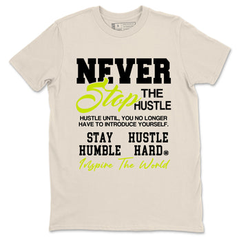 Never Stop The Hustle sneaker match t-shirt styled to complete your fit with the Jordan Jumpman Jack Travis Scott Bright Cactus sneakers, shown in Natural 2.