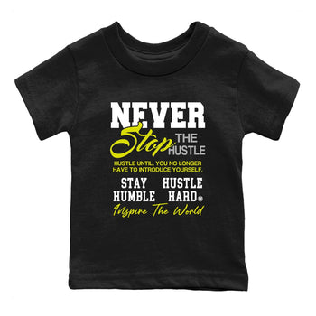Never Stop The Hustle baby and kids t-shirt crafted for little sneakerheads to shine with the Air Max 90 Cyber sneakers, displayed in Black 2.