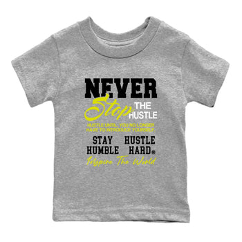 Never Stop The Hustle baby and kids t-shirt crafted for little sneakerheads to shine with the Air Max 90 Cyber sneakers, displayed in Heather Grey 2.