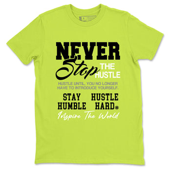Never Stop The Hustle sneaker match t-shirt styled to complete your fit with the Air Max 90 Cyber sneakers, shown in Safety Green 2.