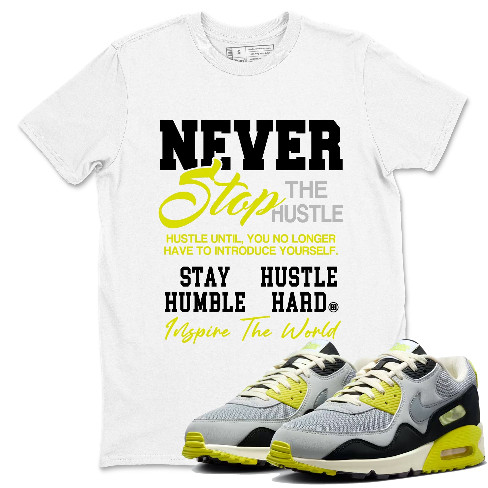 Never Stop The Hustle sneaker match t-shirt styled to complete your fit with the Air Max 90 Cyber sneakers, shown in White 1.