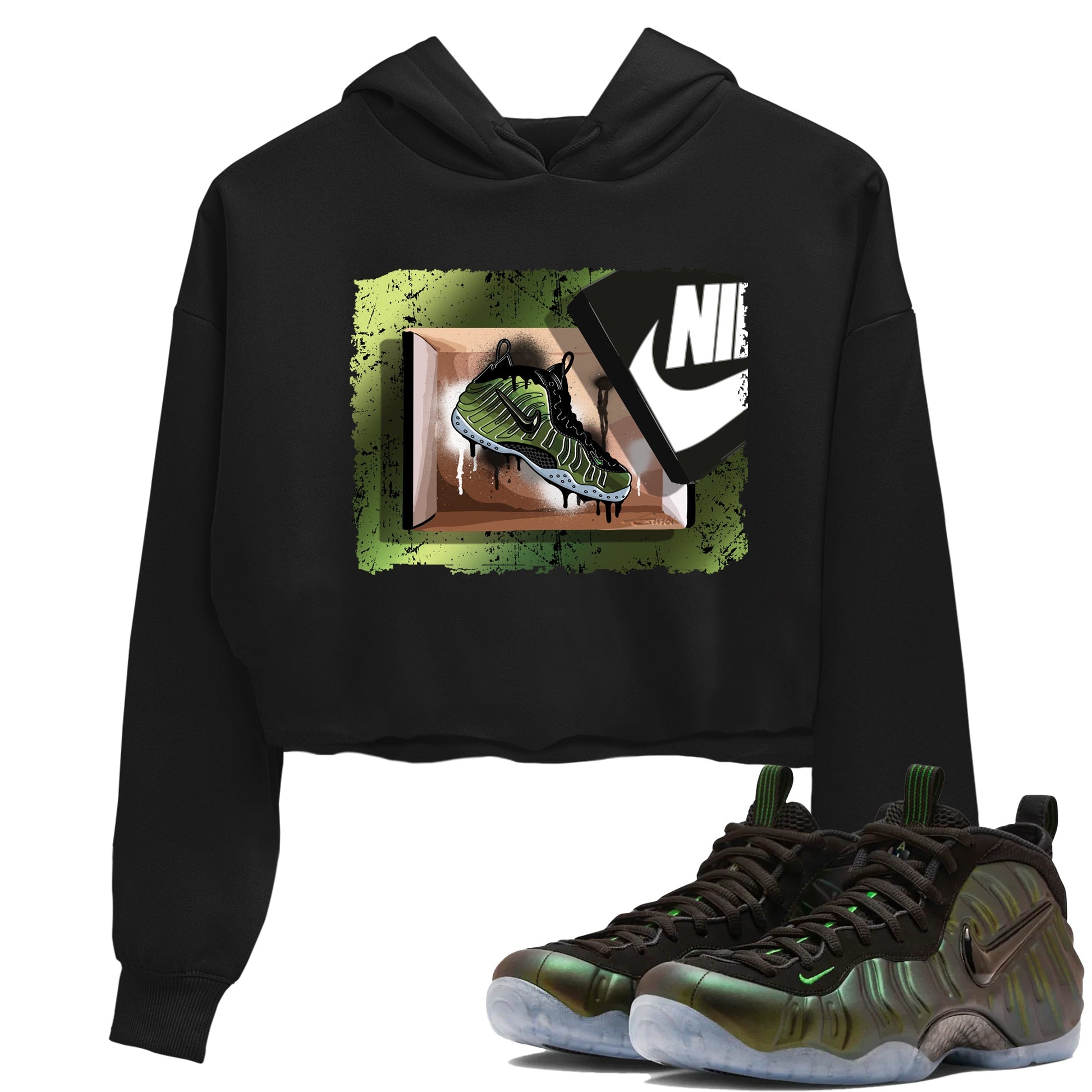 Best Christmas gifts for sneakerheads - Sneaker Tees To Match Air Foamposite One Pine Green Sneakers – New Kicks Crop T-Shirt Black 1