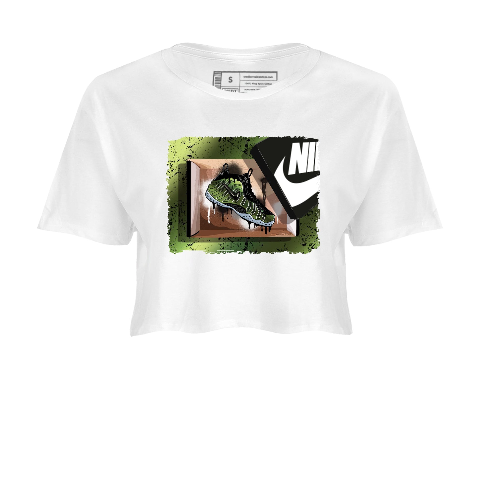 Best Christmas gifts for sneakerheads - Sneaker Tees To Match Air Foamposite One Pine Green Sneakers – New Kicks Crop T-Shirt White 2