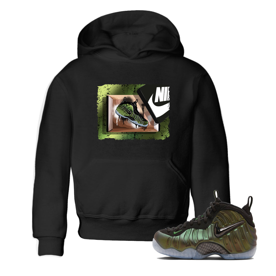 Best Christmas gifts for sneakerheads - Sneaker Tees To Match Air Foamposite One Pine Green Sneakers – New Kicks Kids T-Shirt Black 1