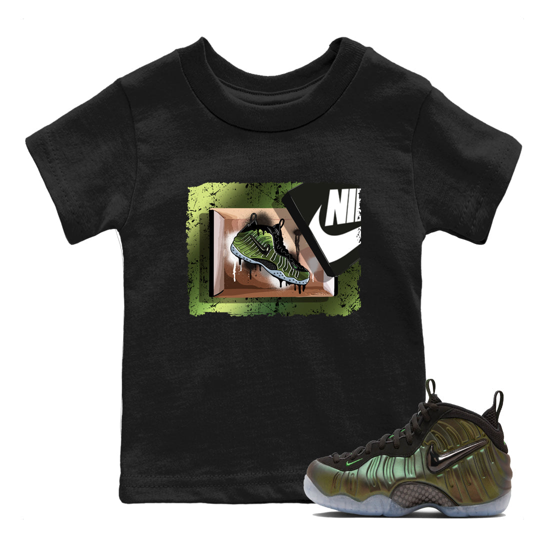 Best Christmas gifts for sneakerheads - Sneaker Tees To Match Air Foamposite One Pine Green Sneakers – New Kicks Kids T-Shirt Black 1
