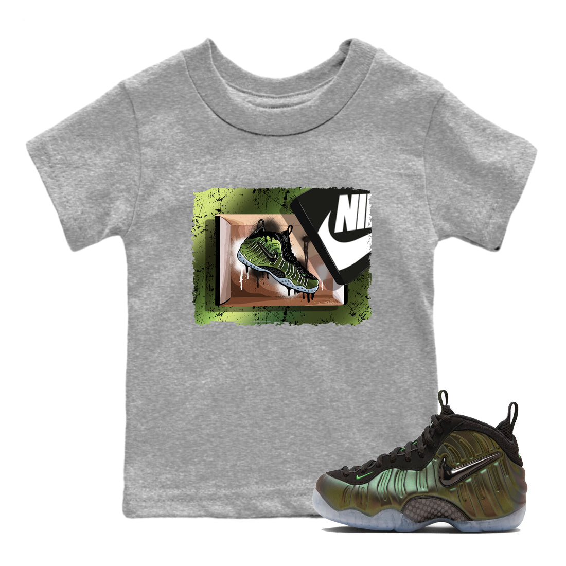 Best Christmas gifts for sneakerheads - Sneaker Tees To Match Air Foamposite One Pine Green Sneakers – New Kicks Kids T-Shirt Heather Grey 1