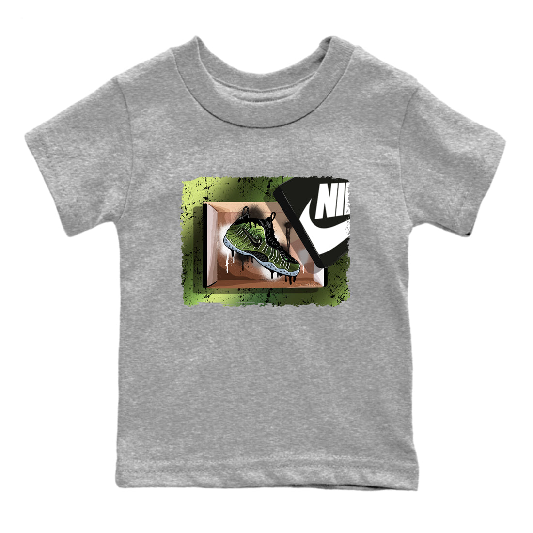 Best Christmas gifts for sneakerheads - Sneaker Tees To Match Air Foamposite One Pine Green Sneakers – New Kicks Kids T-Shirt Heather Grey 2