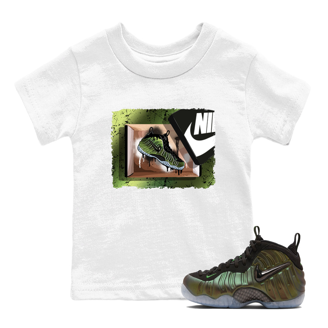Best Christmas gifts for sneakerheads - Sneaker Tees To Match Air Foamposite One Pine Green Sneakers – New Kicks Kids T-Shirt White 1