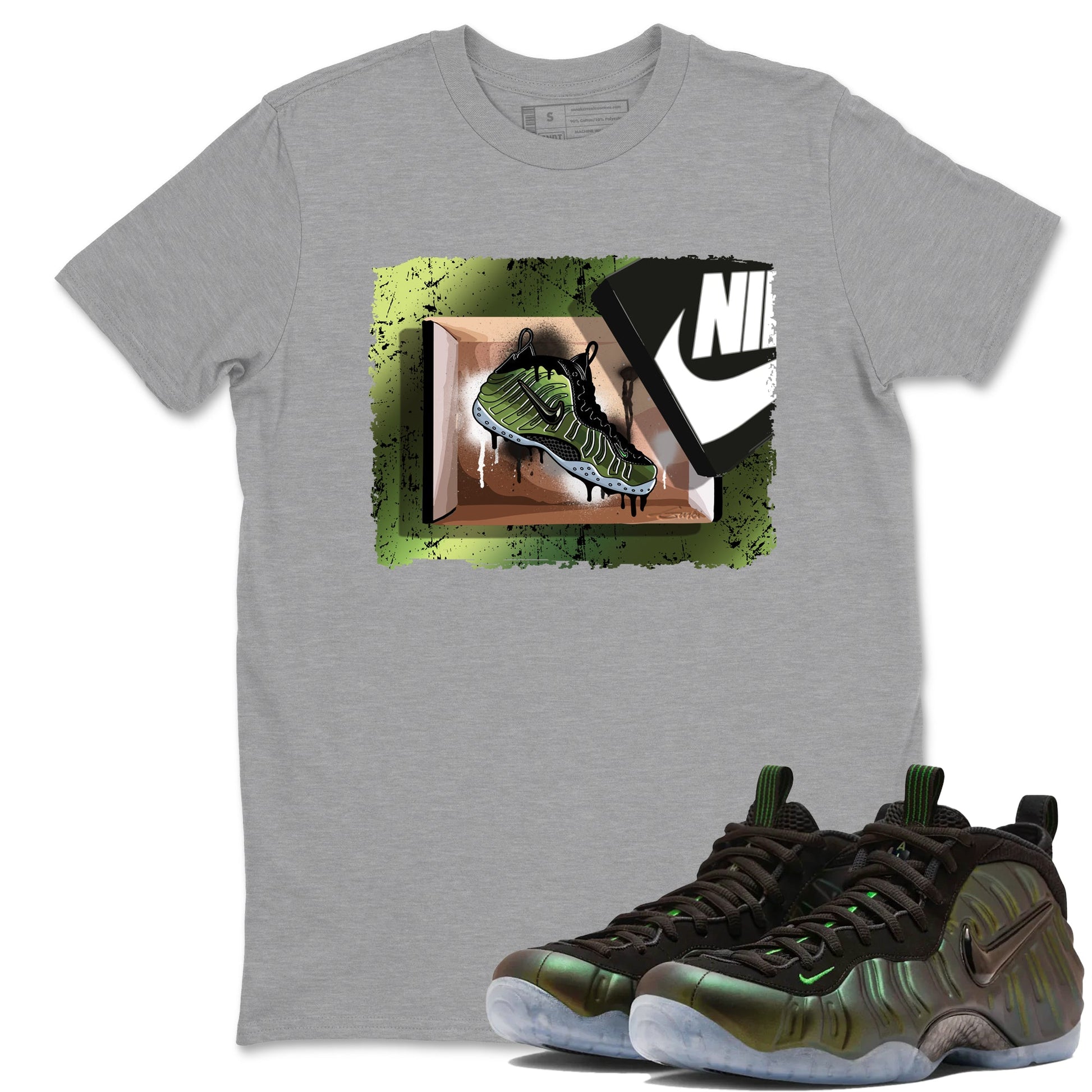 Best Christmas gifts for sneakerheads - Sneaker Tees To Match Air Foamposite One Pine Green Sneakers – New Kicks Tee Heather Grey 1