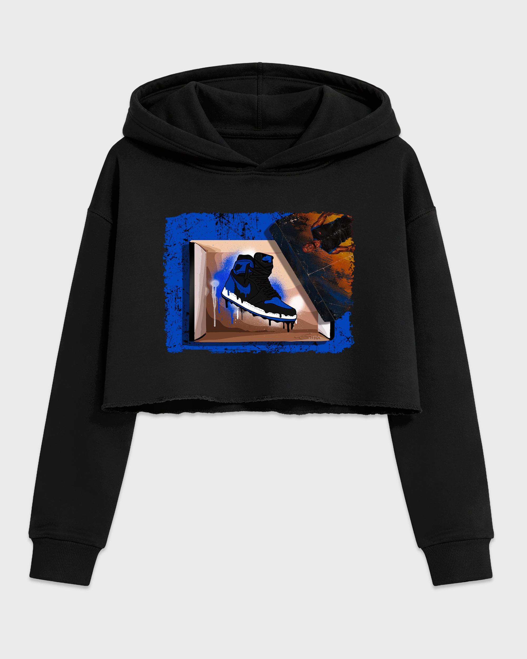 New Kicks Women’s Graphic Crop Tee featuring original streetwear artwork designed to match the Air Jordan 1 Royal. Black 2 Crop Tee.