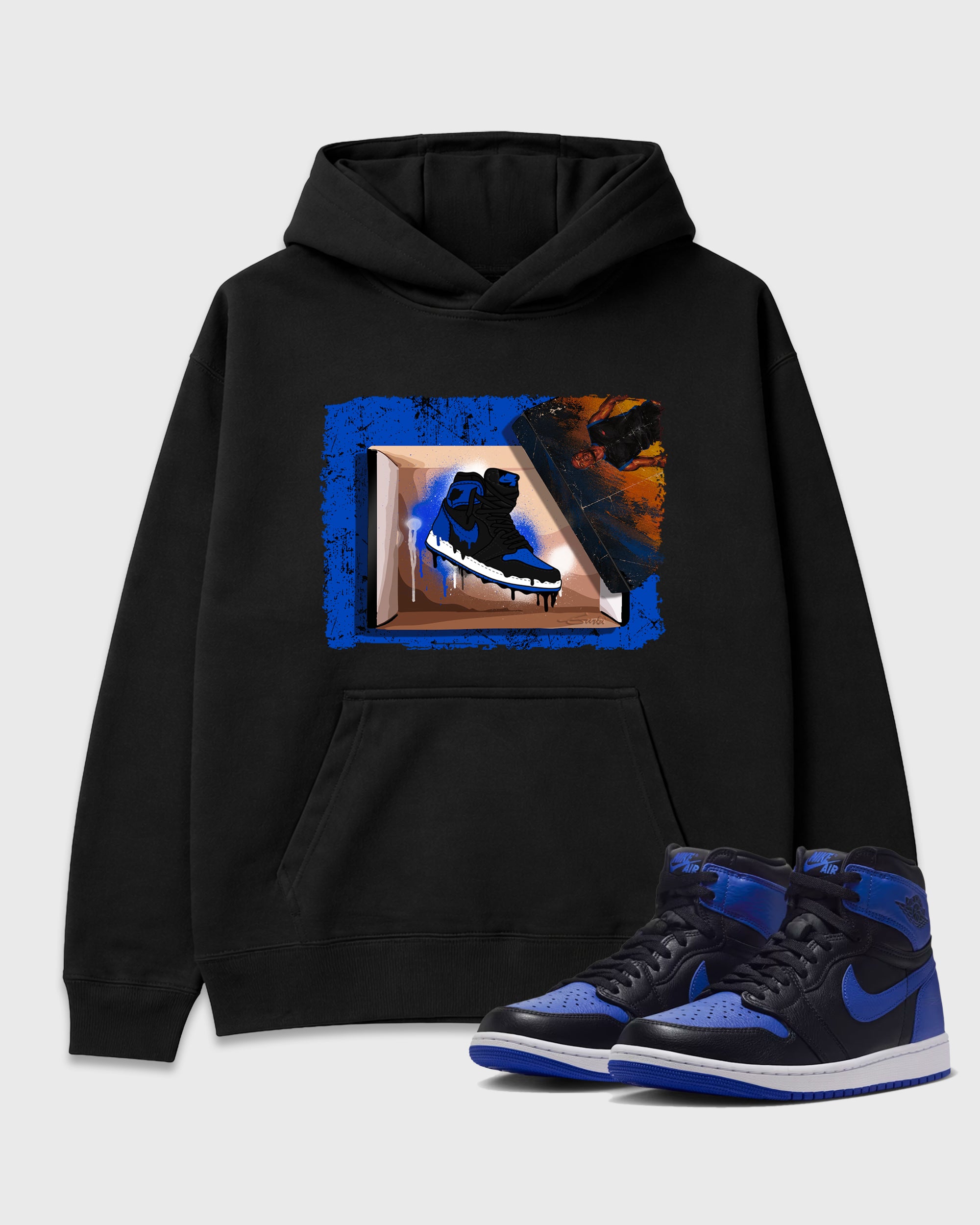 New Kicks Graphic T-Shirt featuring original streetwear artwork designed to match the Air Jordan 1 Royal. Black 1 Graphic Tee.