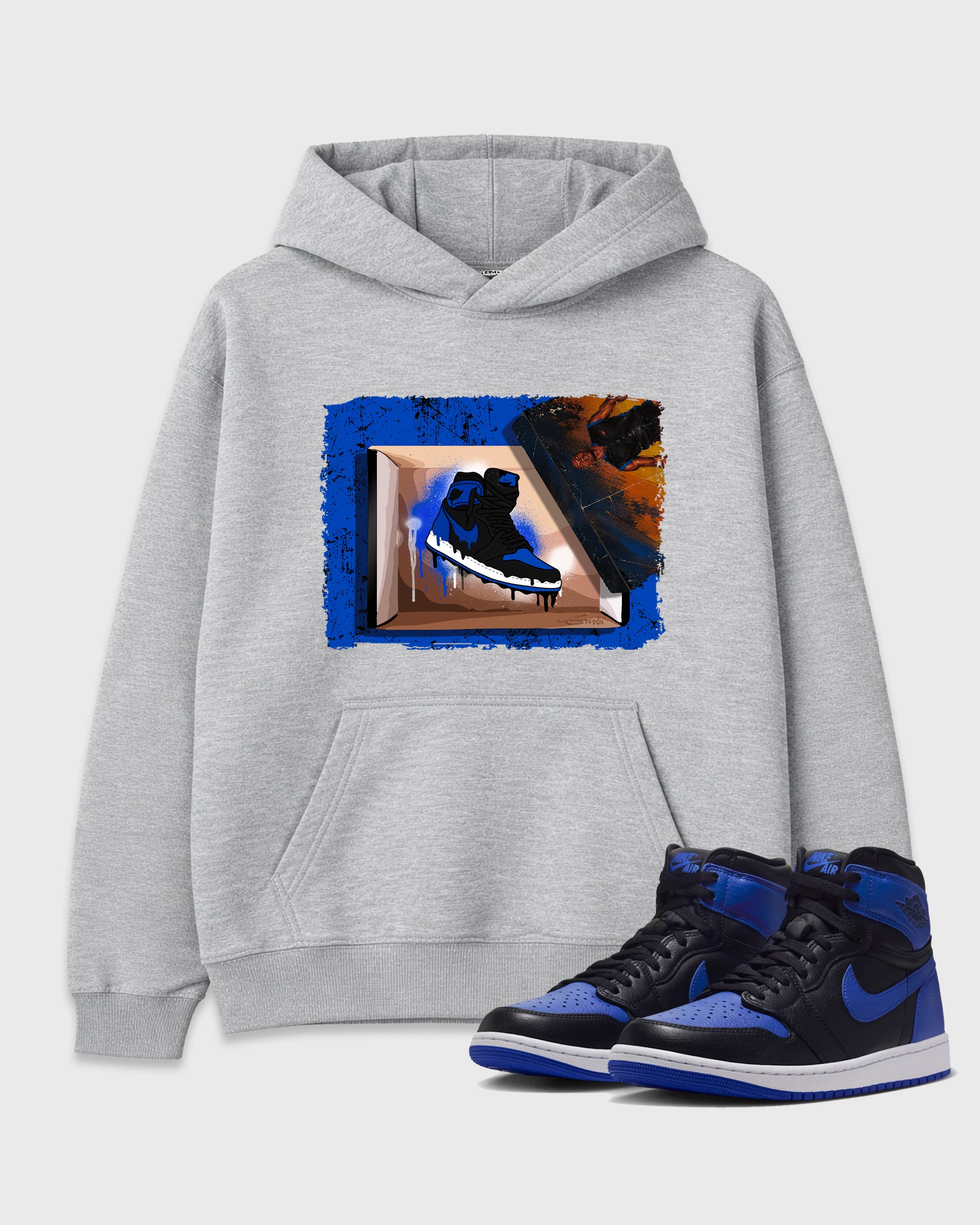 New Kicks Graphic T-Shirt featuring original streetwear artwork designed to match the Air Jordan 1 Royal. Heather Grey 1 Graphic Tee.