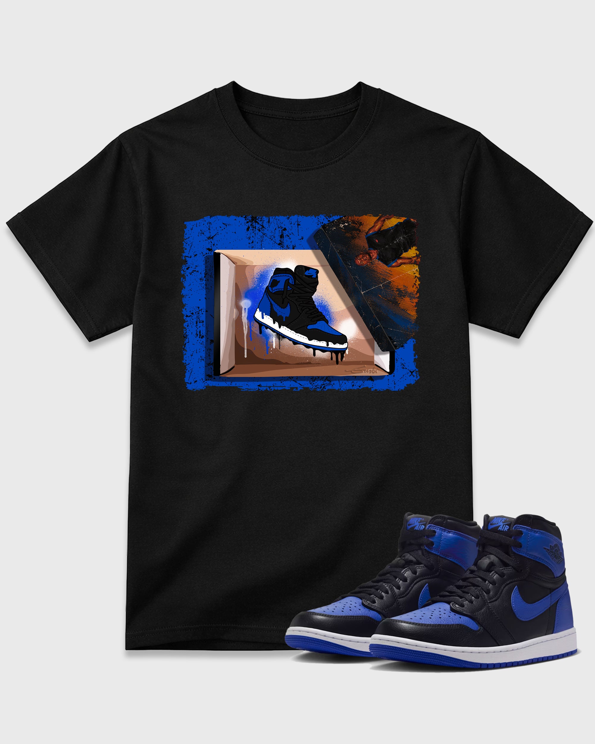 New Kicks Graphic T-Shirt featuring original streetwear artwork designed to match the Air Jordan 1 Royal. Black 1 Graphic T-Shirt.