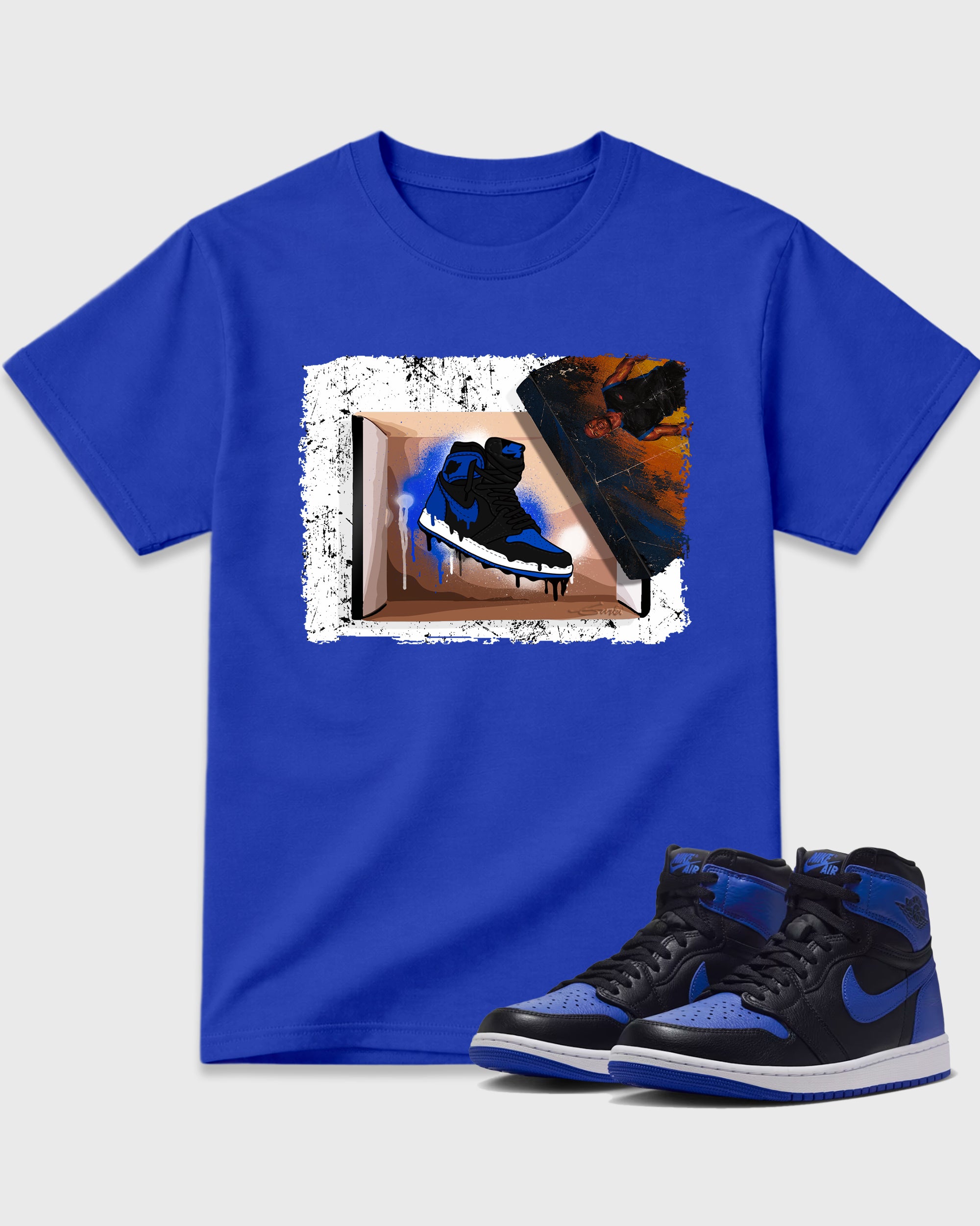 New Kicks Graphic T-Shirt featuring original streetwear artwork designed to match the Air Jordan 1 Royal. Royal Blue 1 Graphic T-Shirt.