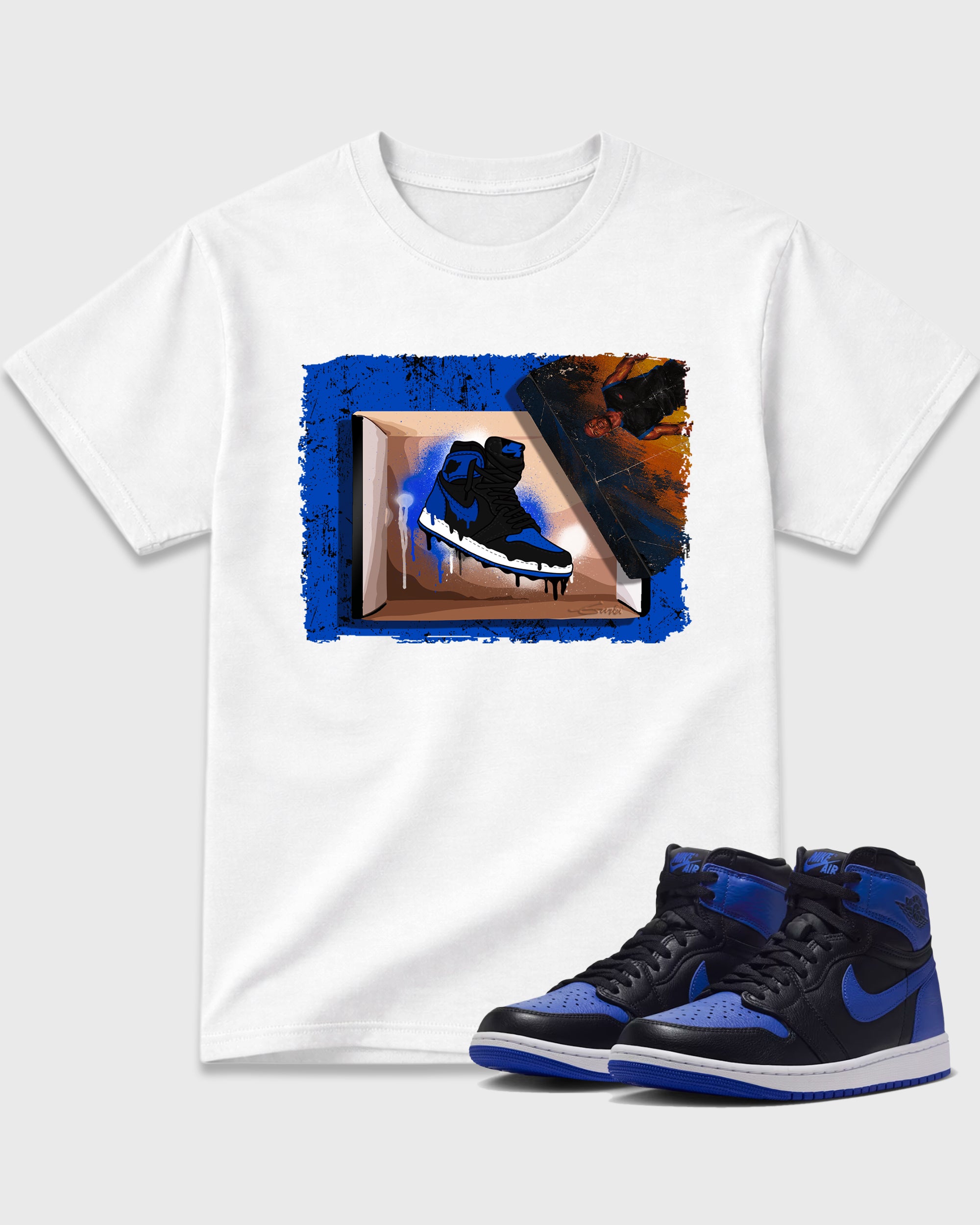 New Kicks Graphic T-Shirt featuring original streetwear artwork designed to match the Air Jordan 1 Royal. White 1 Graphic T-Shirt.