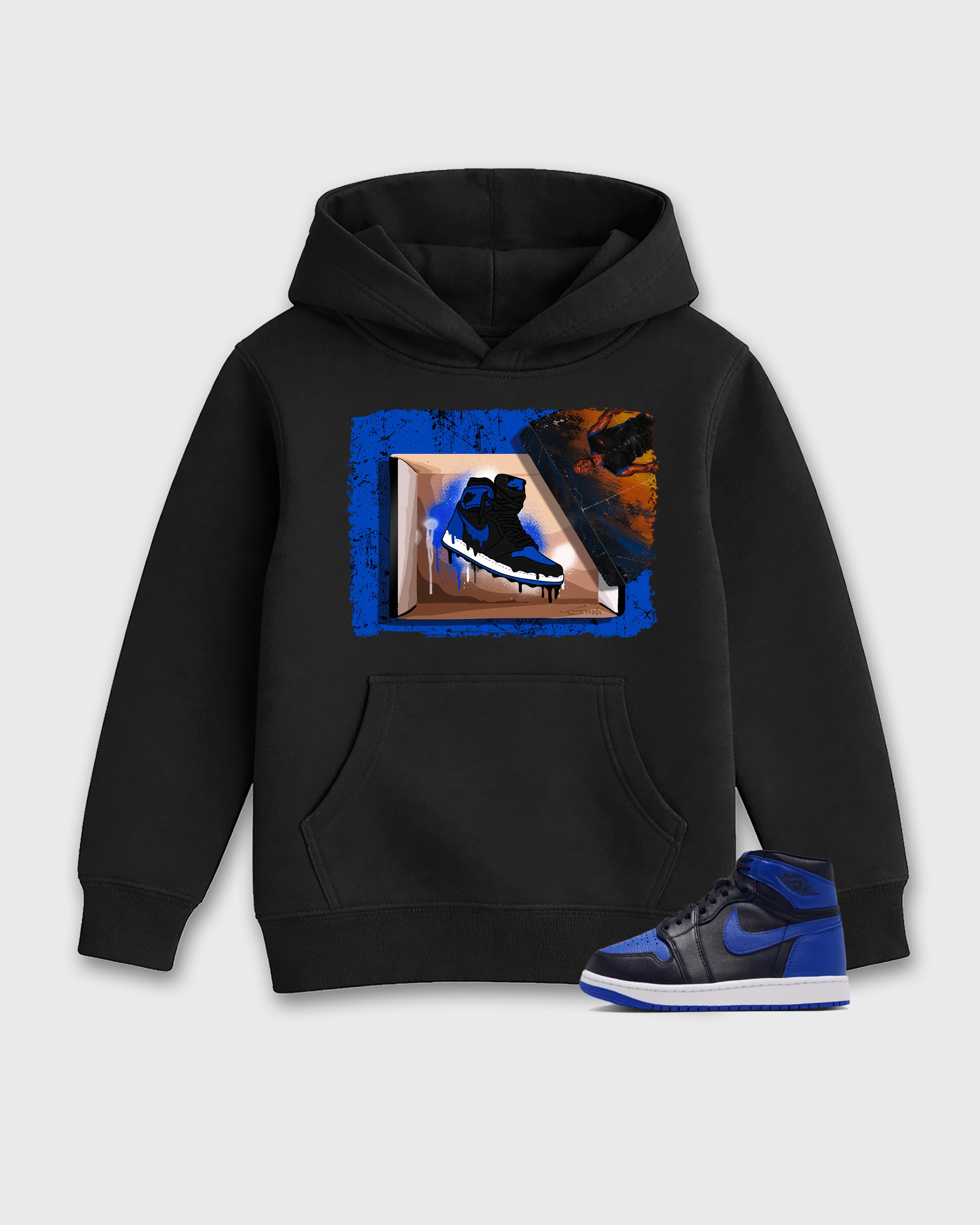 New Kicks Baby & Kids Graphic Hoodie featuring original artwork designed to match the Air Jordan 1 Royal. Black 1 Kids Graphic Sweater.