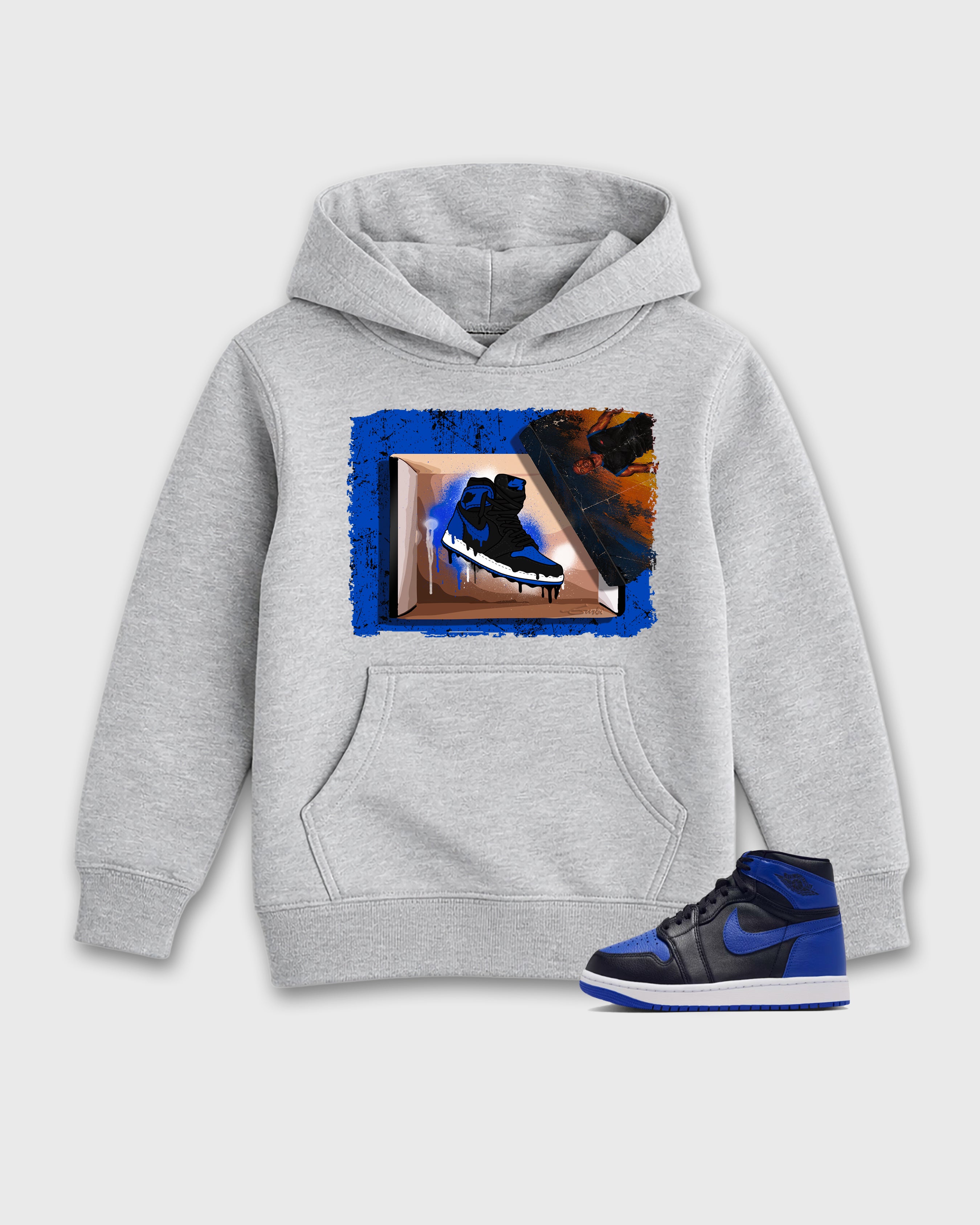 New Kicks Baby & Kids Graphic Hoodie featuring original artwork designed to match the Air Jordan 1 Royal. Heather Grey 1 Kids Graphic Sweater.
