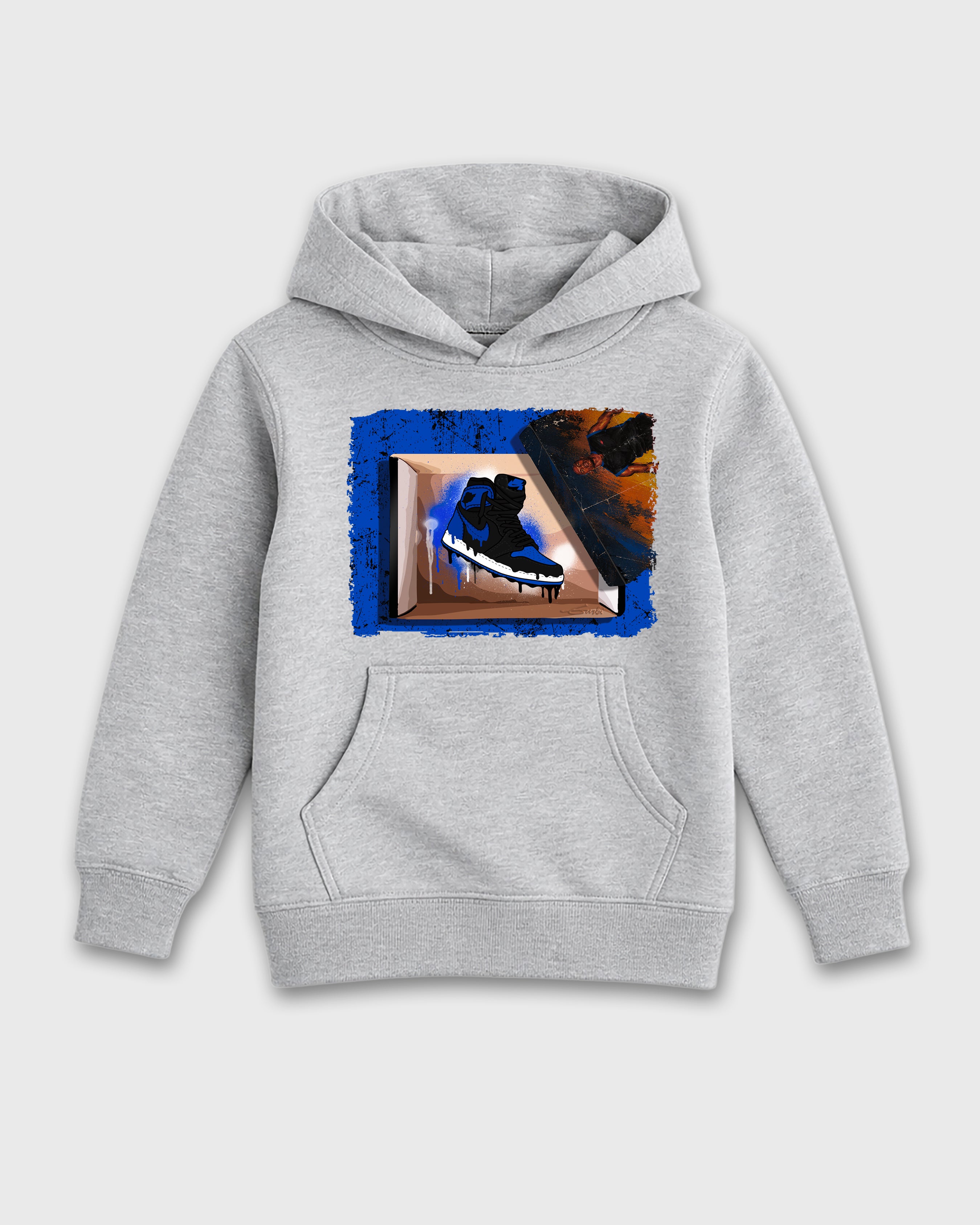 New Kicks Baby & Kids Graphic Hoodie featuring original artwork designed to match the Air Jordan 1 Royal. Heather Grey 2 Kids Graphic Sweater.