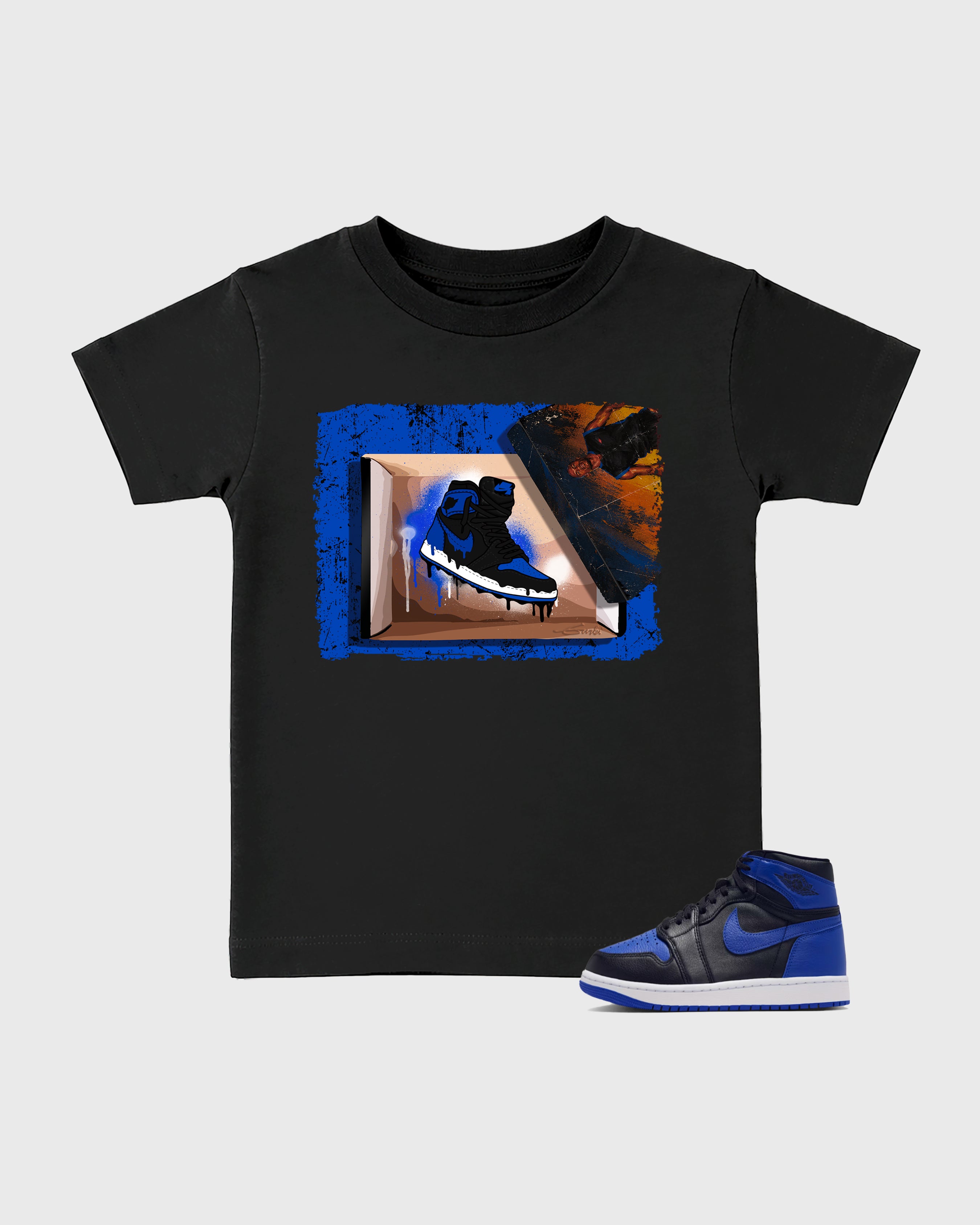 New Kicks Baby & Kids Graphic T-Shirt featuring original artwork designed to match the Air Jordan 1 Royal. Black 1 Kids Graphic Tee.