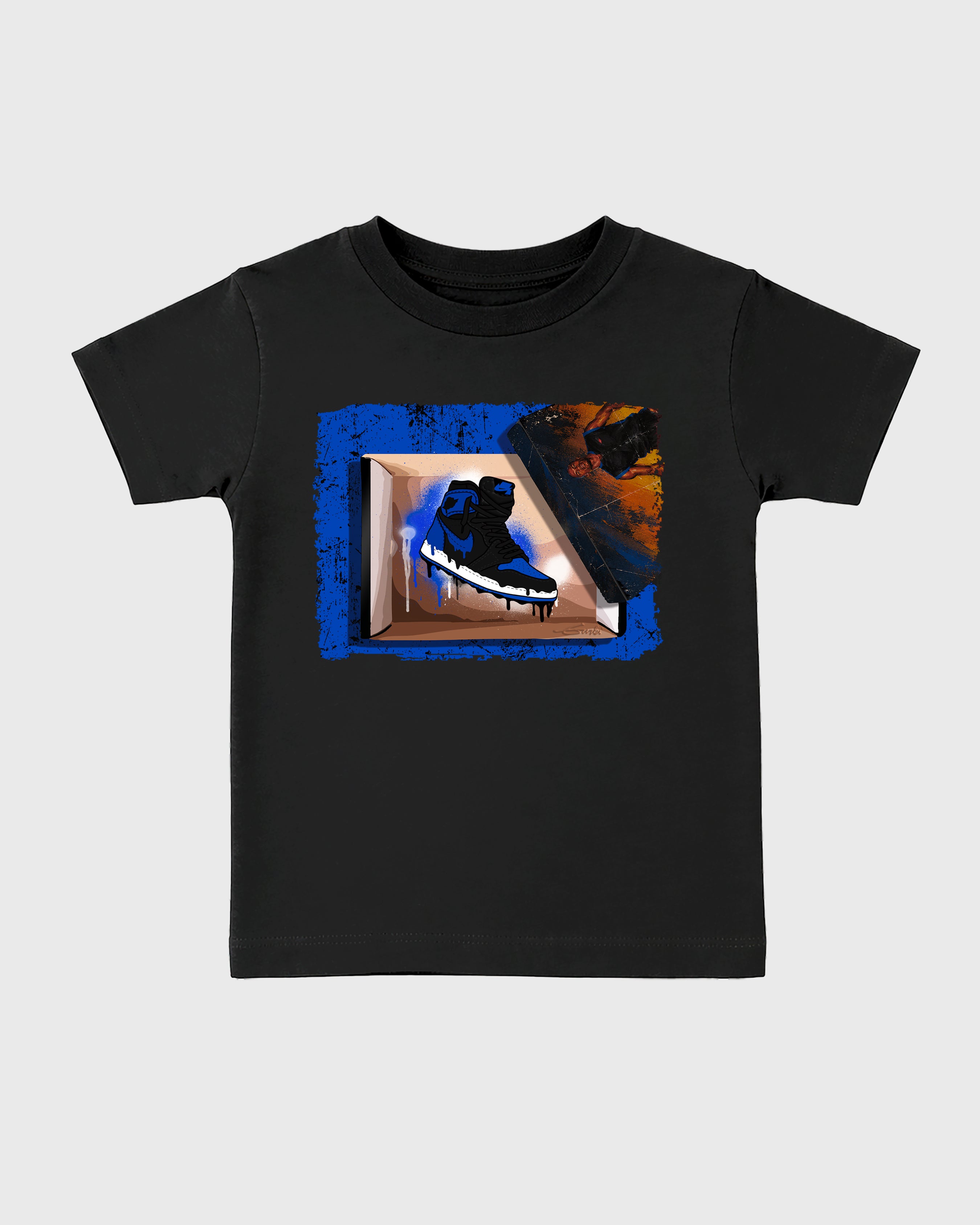 New Kicks Baby & Kids Graphic T-Shirt featuring original artwork designed to match the Air Jordan 1 Royal. Black 2 Kids Graphic Tee.
