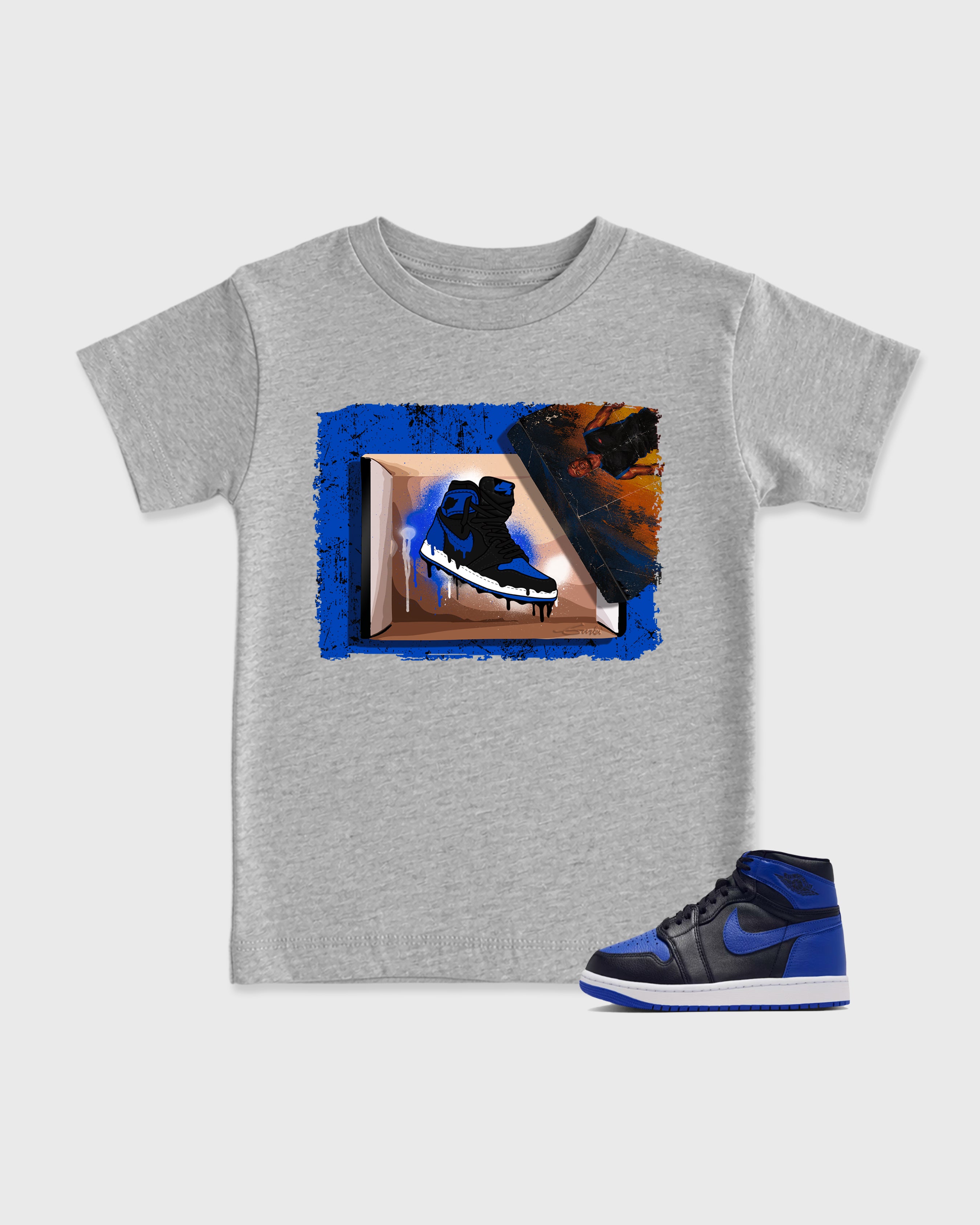 New Kicks Baby & Kids Graphic T-Shirt featuring original artwork designed to match the Air Jordan 1 Royal. Heather Grey 1 Kids Graphic Tee.