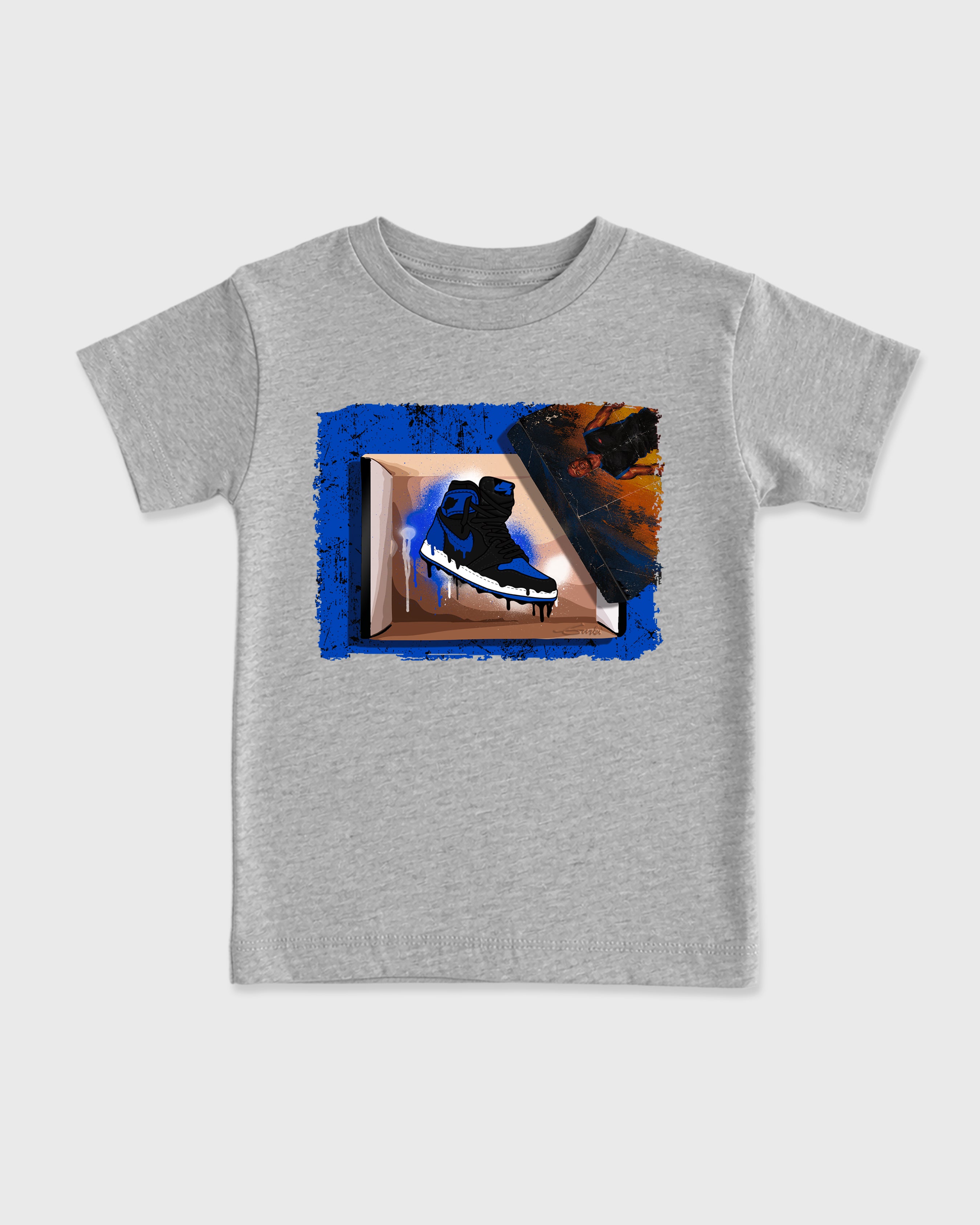 New Kicks Baby & Kids Graphic T-Shirt featuring original artwork designed to match the Air Jordan 1 Royal. Heather Grey 2 Kids Graphic Tee.
