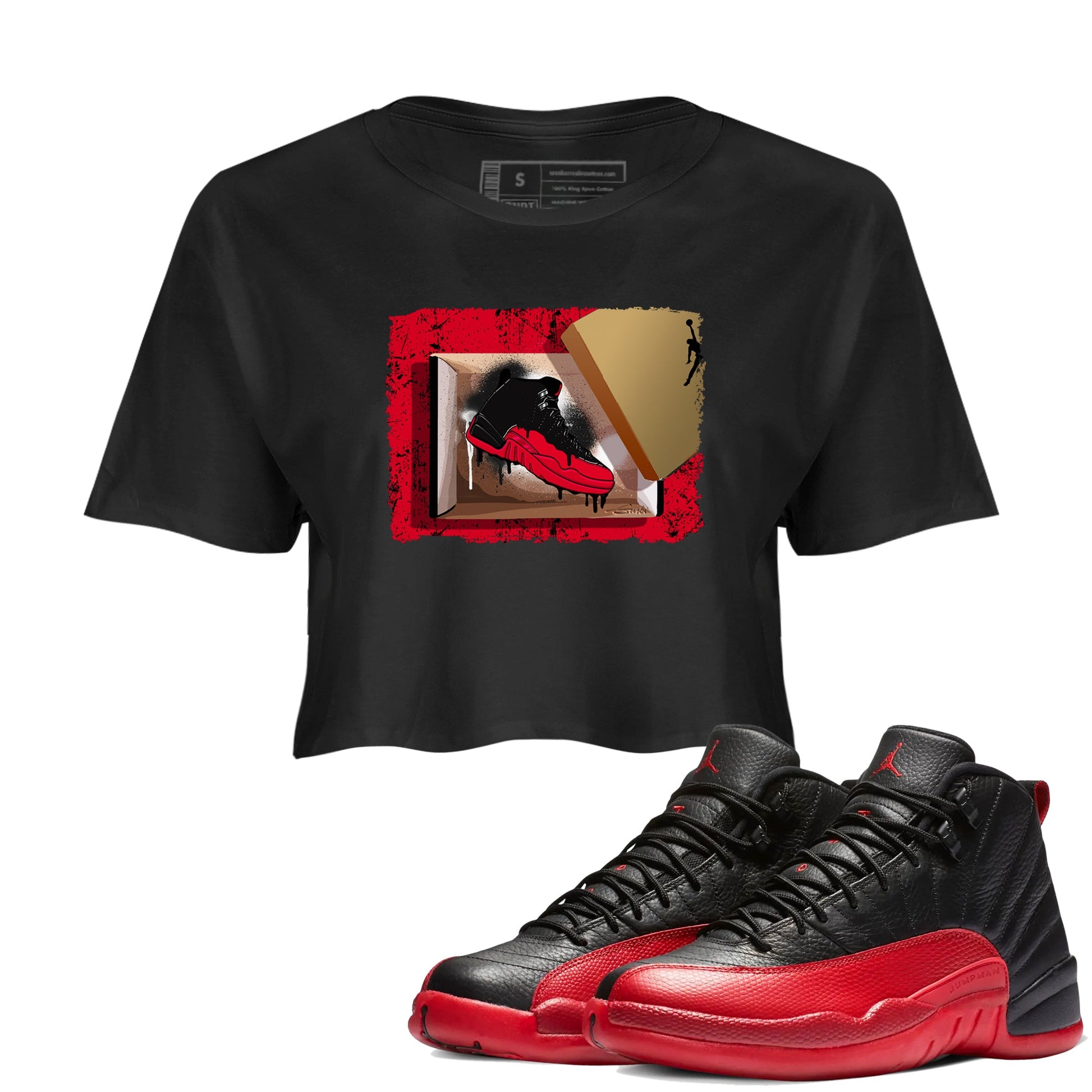 12s Flu Game shirts to match jordans New Kicks sneaker match tees Air Jordan 12 Retro Flu Game match shoes to clothes SNRT Sneaker Tees unisex cotton Black 1 crop tee