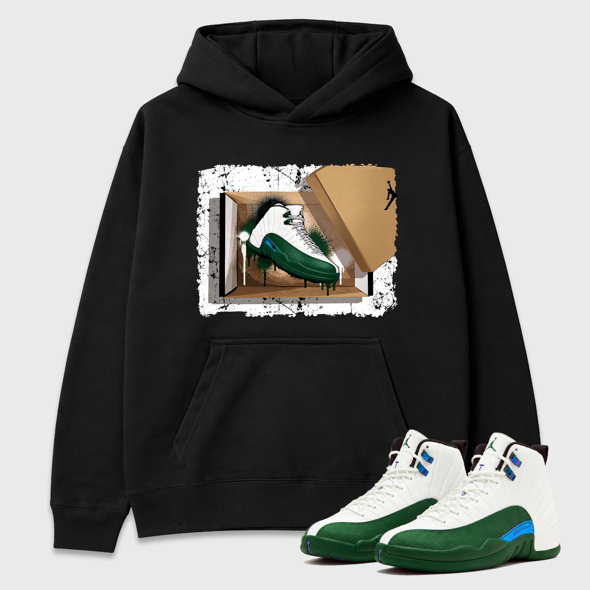 New Kicks Graphic T-Shirt featuring original streetwear artwork designed to match the Air Jordan 12 Summit Green. Black 1 Graphic Tee.