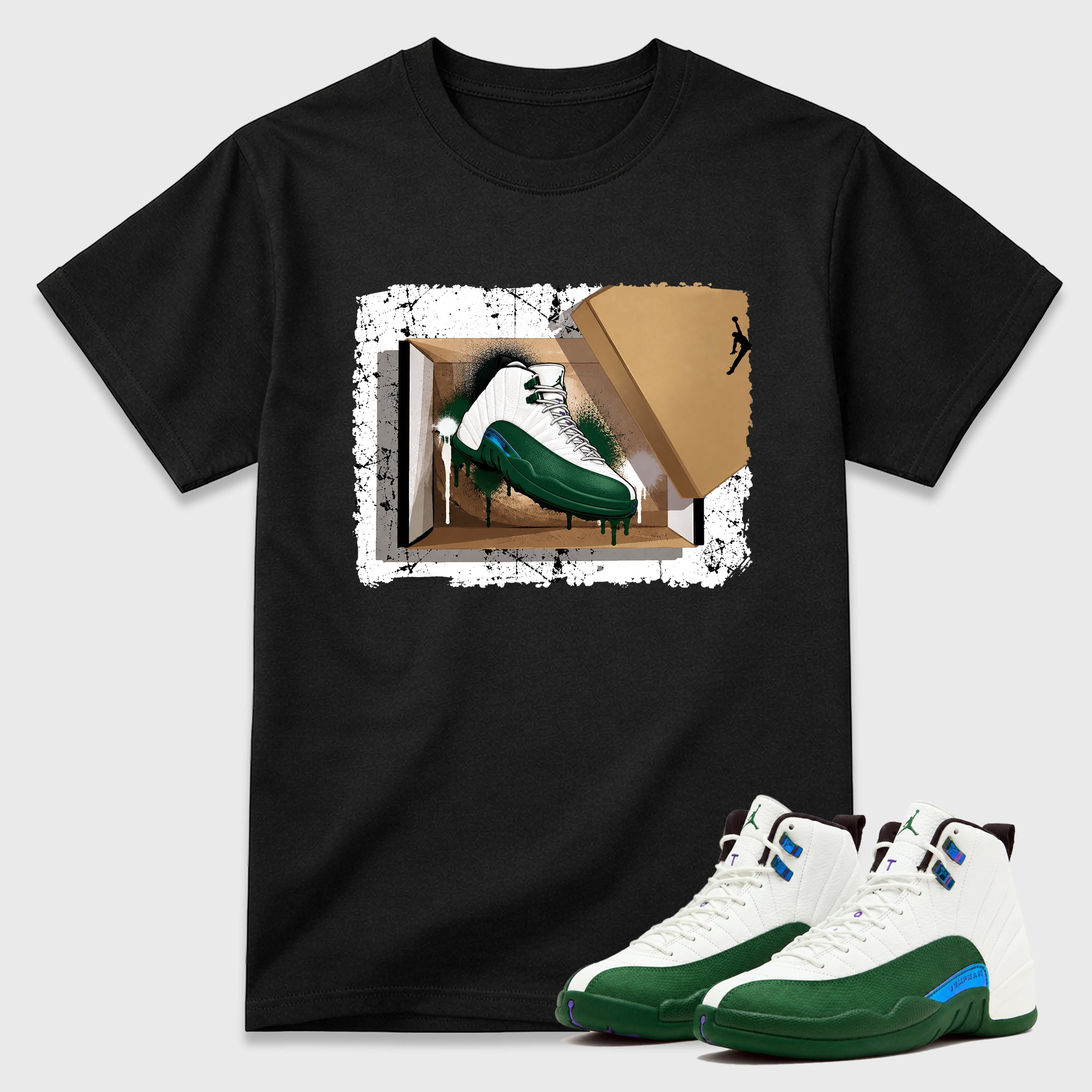 New Kicks Graphic T-Shirt featuring original streetwear artwork designed to match the Air Jordan 12 Summit Green. Black 1 Graphic T-Shirt.
