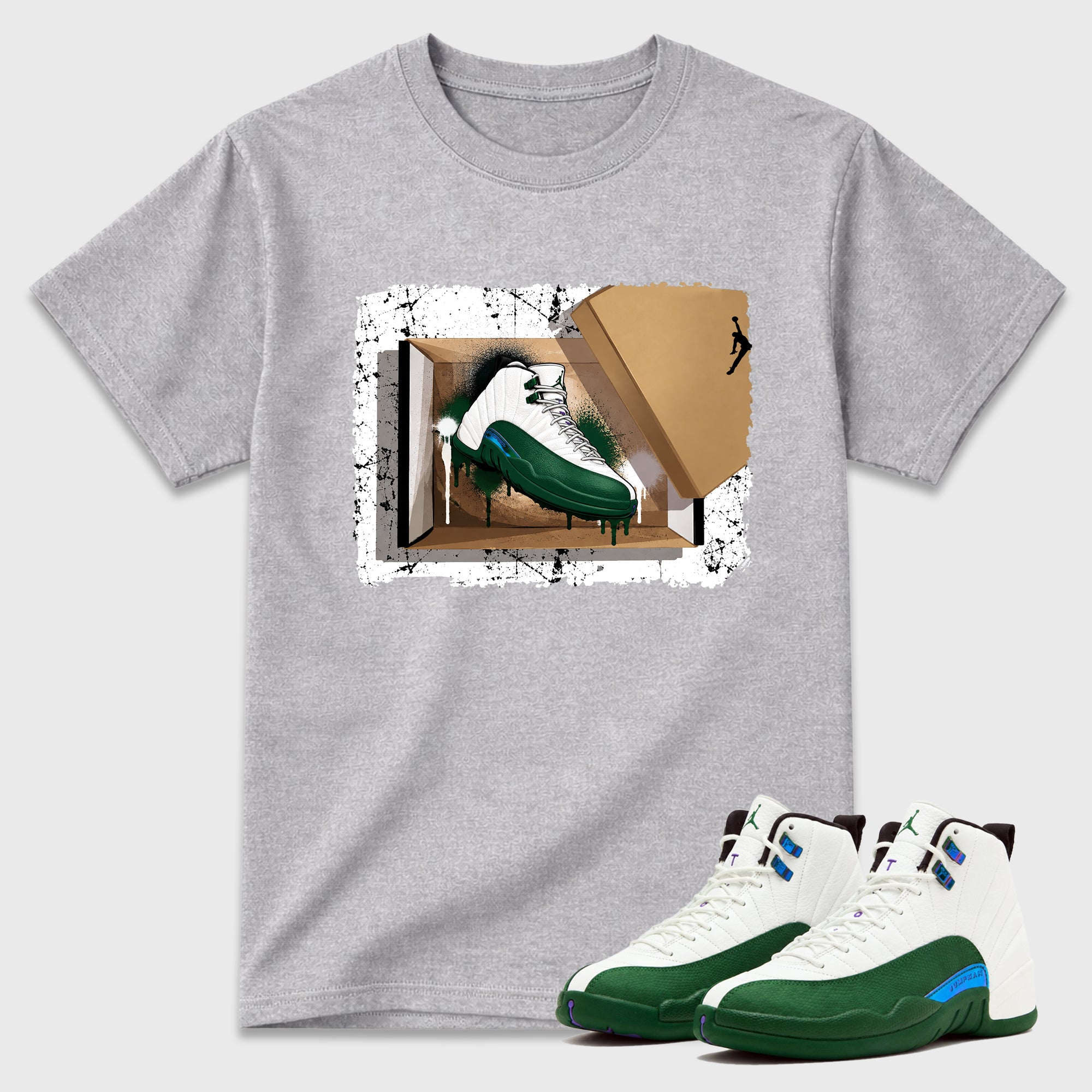 New Kicks Graphic T-Shirt featuring original streetwear artwork designed to match the Air Jordan 12 Summit Green. Heather Grey 1 Graphic T-Shirt.