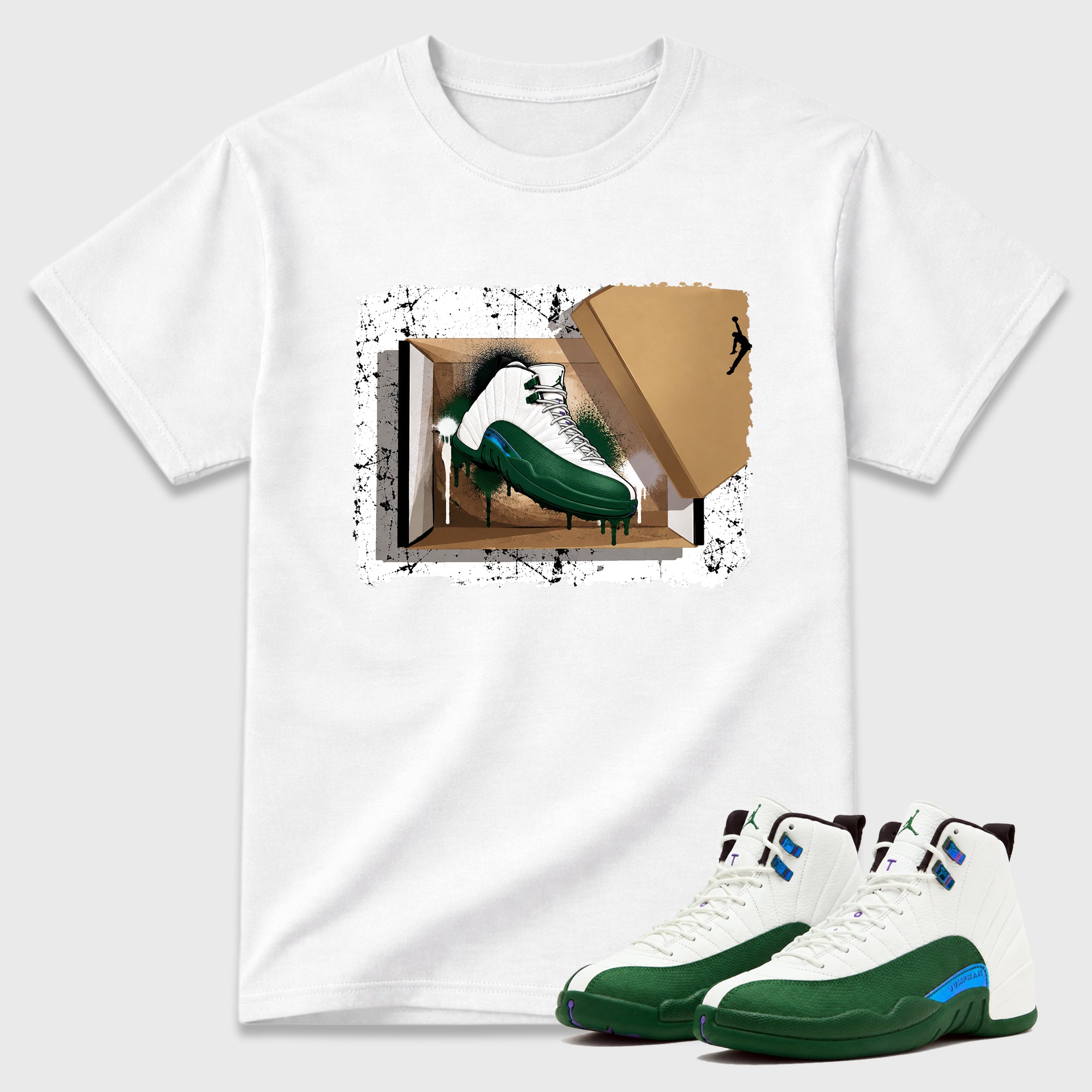 New Kicks Graphic T-Shirt featuring original streetwear artwork designed to match the Air Jordan 12 Summit Green. White 1 Graphic T-Shirt.
