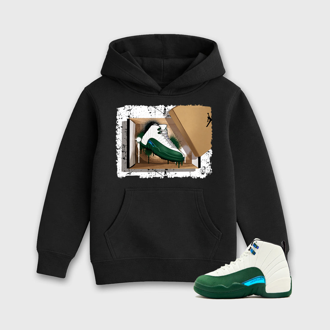 New Kicks Baby & Kids Graphic Hoodie featuring original artwork designed to match the Air Jordan 12 Summit Green. Black 1 Kids Graphic Sweater.