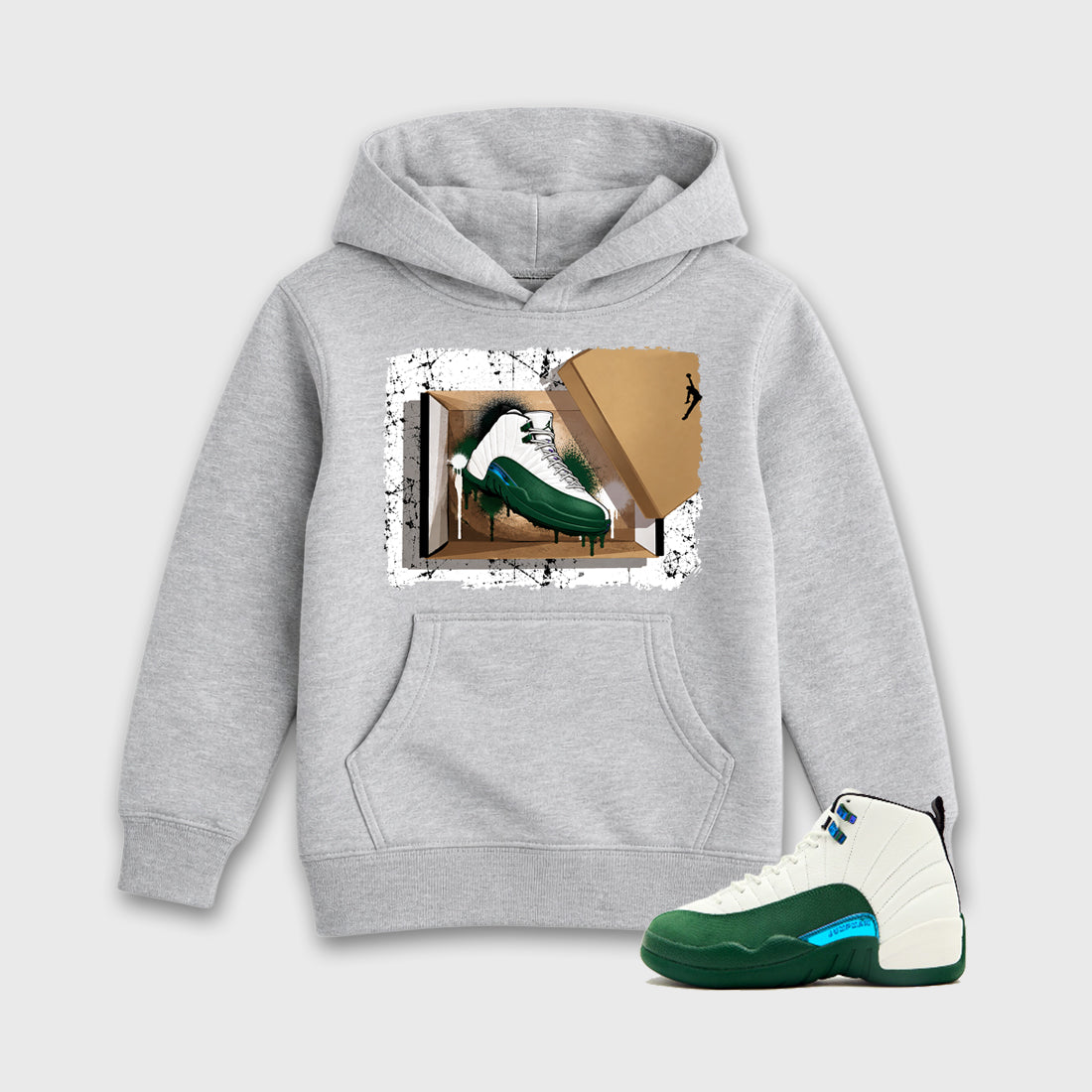 New Kicks Baby & Kids Graphic Hoodie featuring original artwork designed to match the Air Jordan 12 Summit Green. Heather Grey 1 Kids Graphic Sweater.