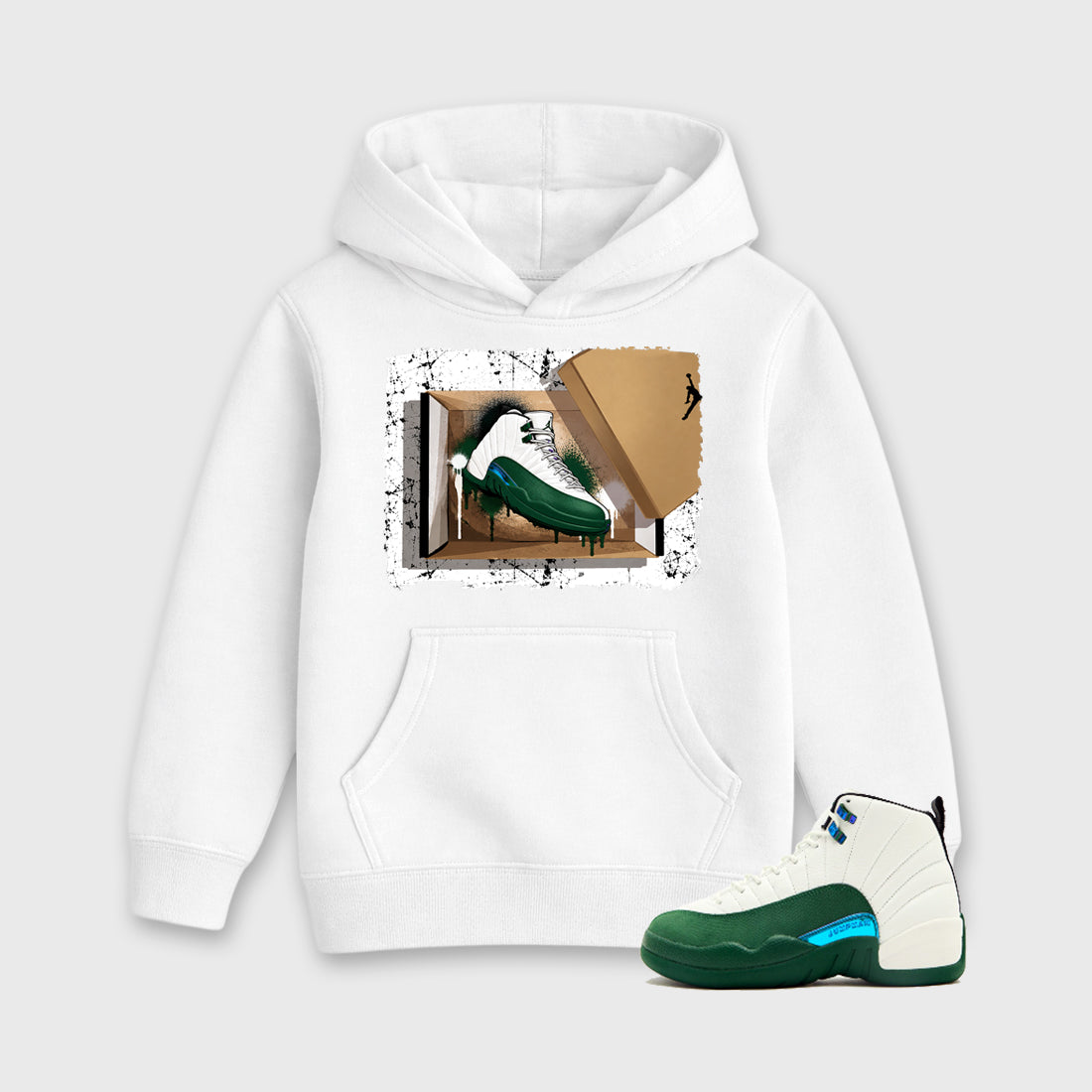New Kicks Baby & Kids Graphic Hoodie featuring original artwork designed to match the Air Jordan 12 Summit Green. White 1 Kids Graphic Sweater.