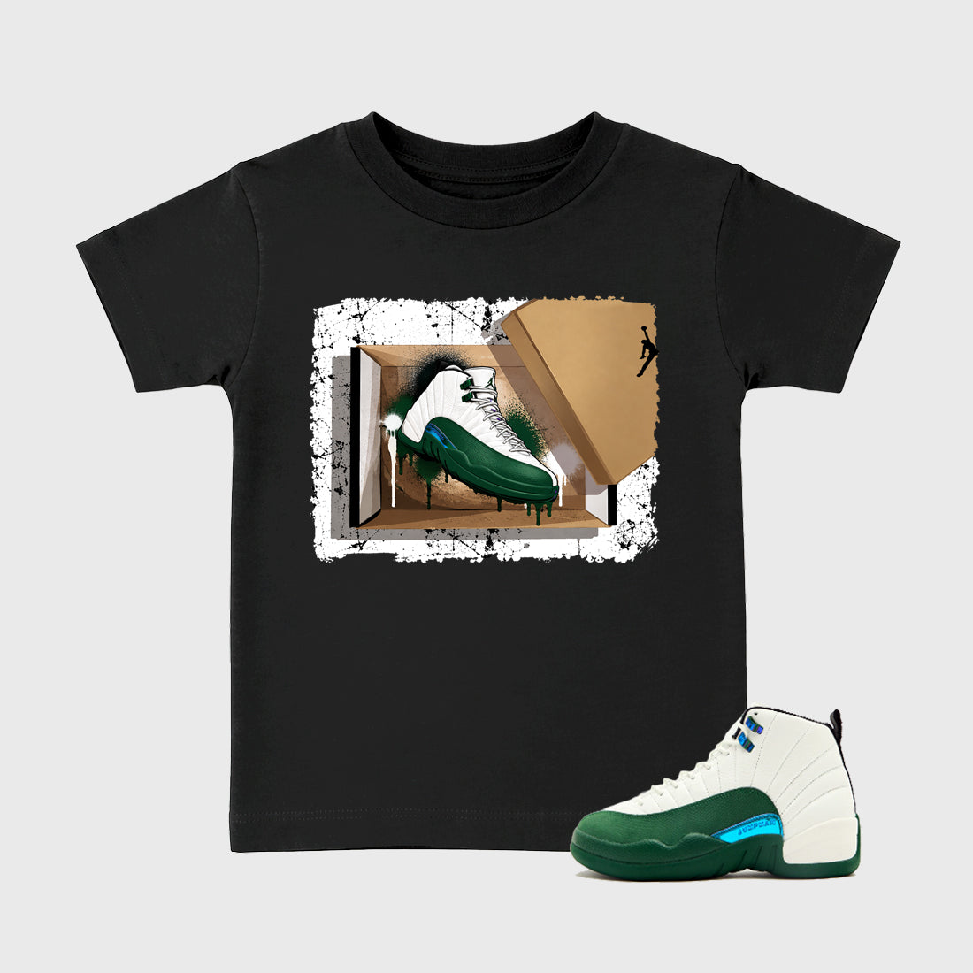 New Kicks Baby & Kids Graphic T-Shirt featuring original artwork designed to match the Air Jordan 12 Summit Green. Black 1 Kids Graphic Tee.