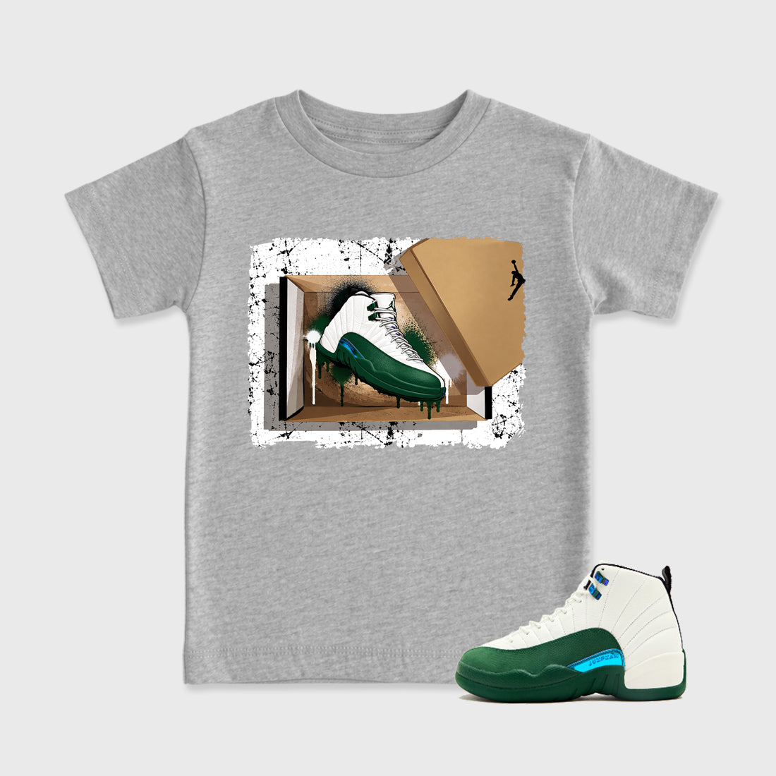 New Kicks Baby & Kids Graphic T-Shirt featuring original artwork designed to match the Air Jordan 12 Summit Green. Heather Grey 1 Kids Graphic Tee.