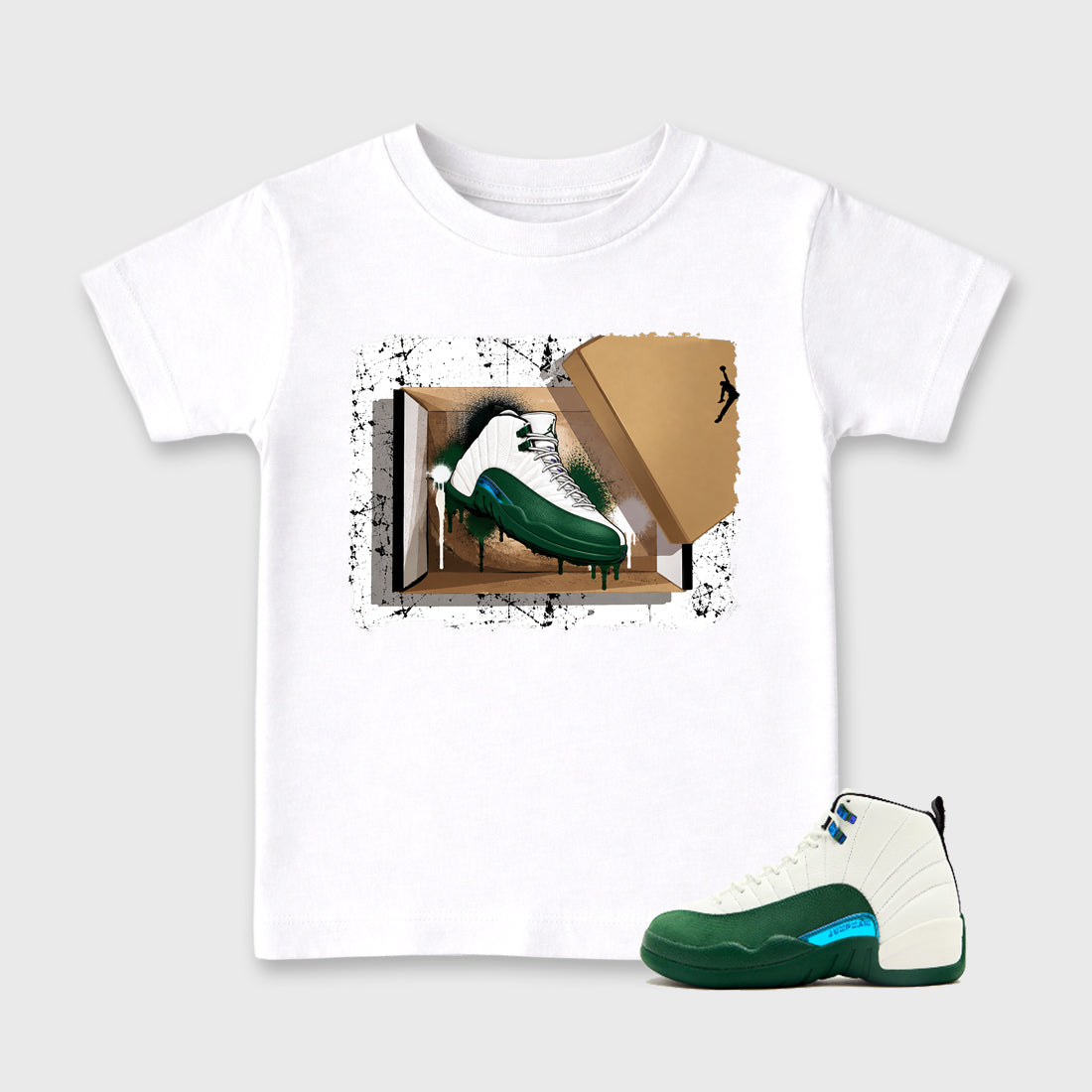 New Kicks Baby & Kids Graphic T-Shirt featuring original artwork designed to match the Air Jordan 12 Summit Green. White 1 Kids Graphic Tee.