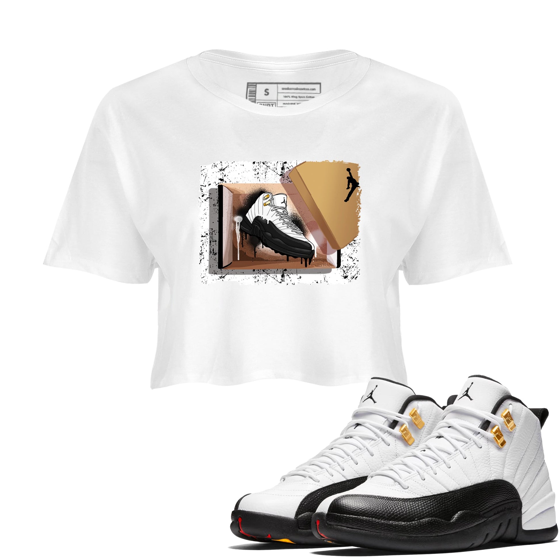Sneaker match tees – Sneaker Tees To Match Air Jordan 12 Taxi Shoes – New Kicks Crop T-Shirt White 1