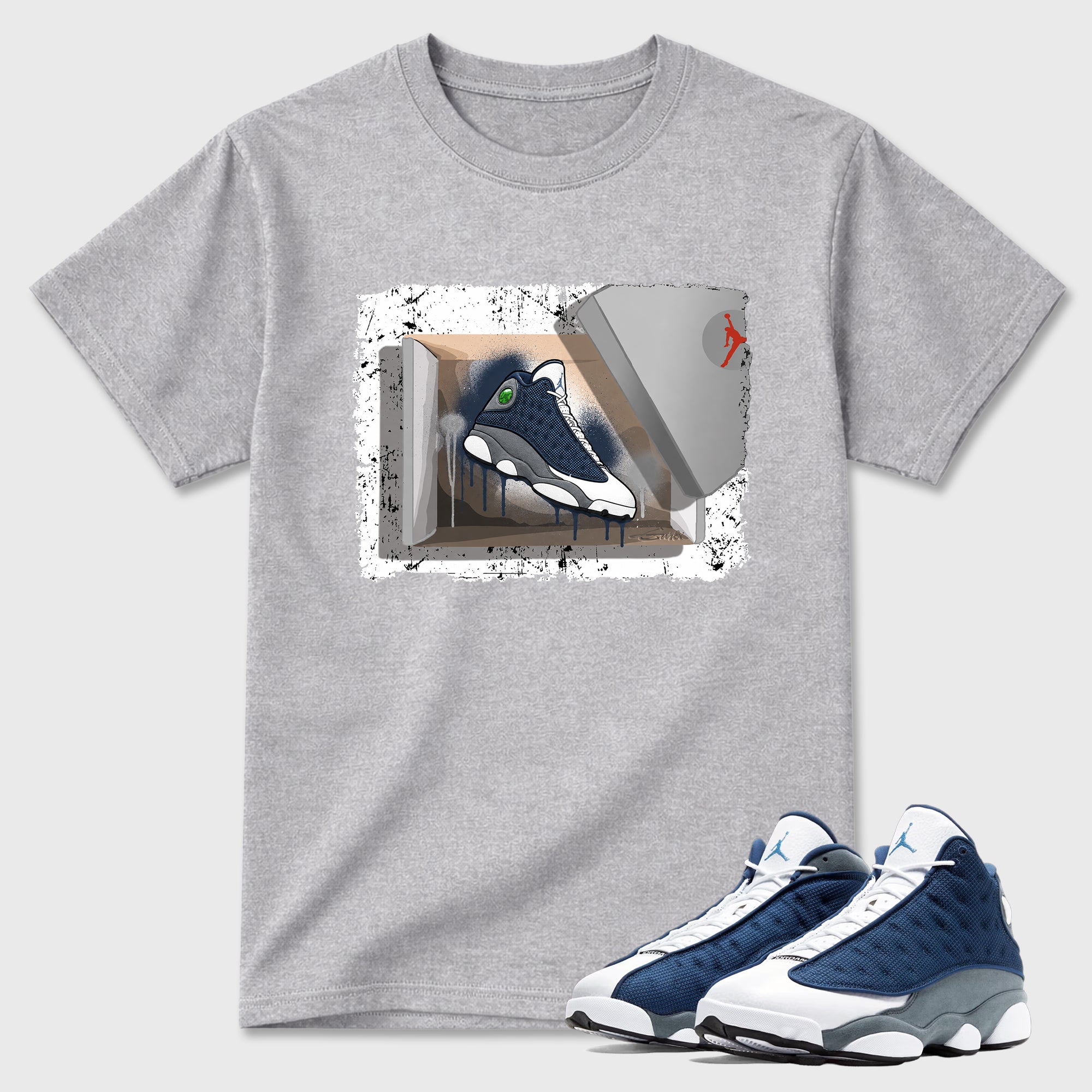 New Kicks Graphic T-Shirt featuring original streetwear artwork designed to match the Air Jordan 13 Flint. Heather Grey 1 Graphic T-Shirt.