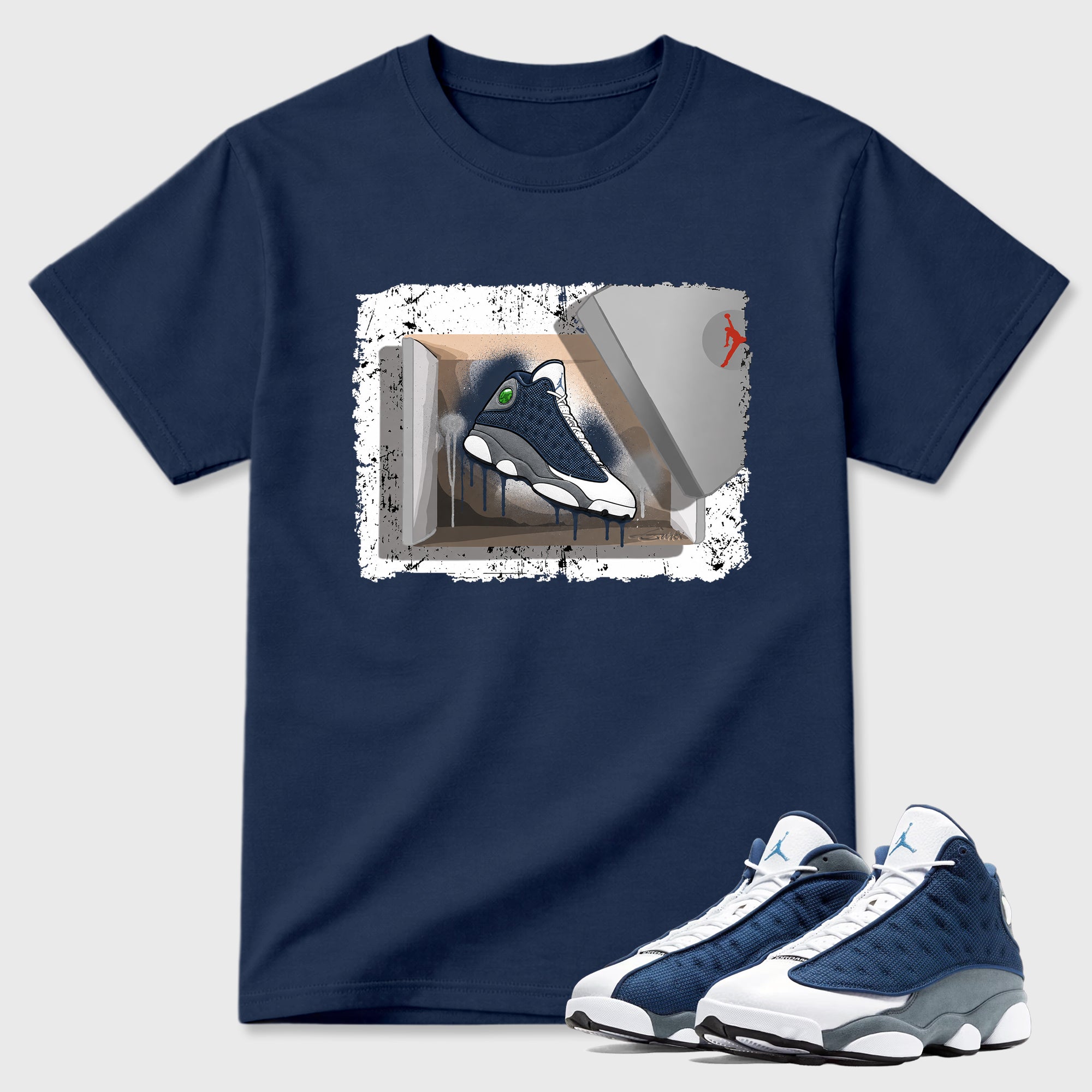 New Kicks Graphic T-Shirt featuring original streetwear artwork designed to match the Air Jordan 13 Flint. Navy 1 Graphic T-Shirt.